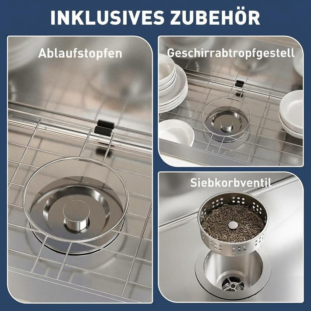 GarveeMore Küchenspüle Edelstahl Spülbecken, Einbauspüle mit Armatur & Zubehör, rechteckig, 60/45 cm, inkl. Ablaufstopfen, Siebkorbventil & Geschirrabtropfgeste – Bild 4 von 5