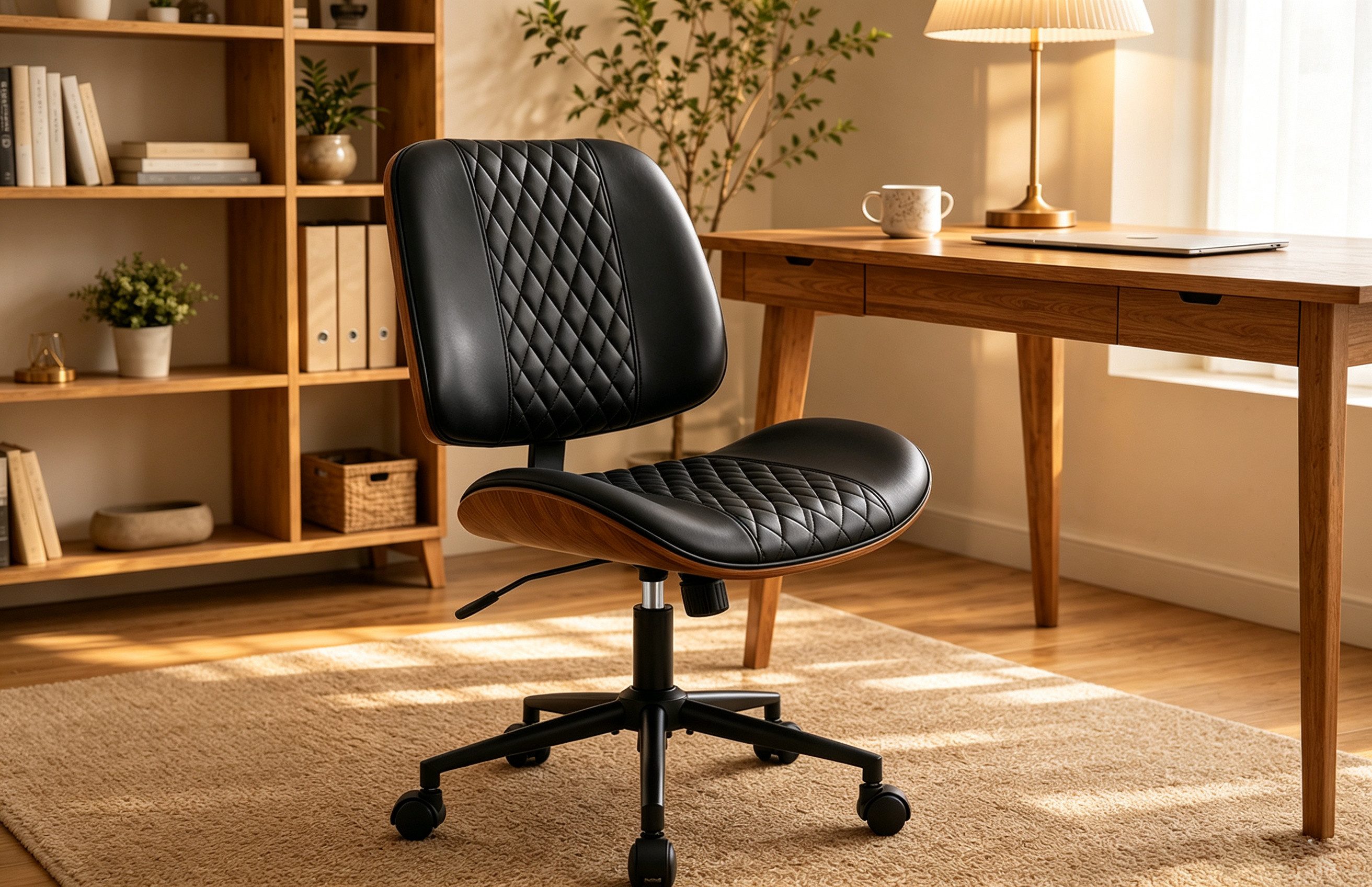 Hoolamyie Schreibtischstuhl, Bürostuhl, PU-Kunstleder mit Holzoptik, 360° drehbar (Drehstuhl im Retro‑Design, höhenverstellbar, verstellbare Rückenlehne, Bürostuhl mit leisen Rollen)