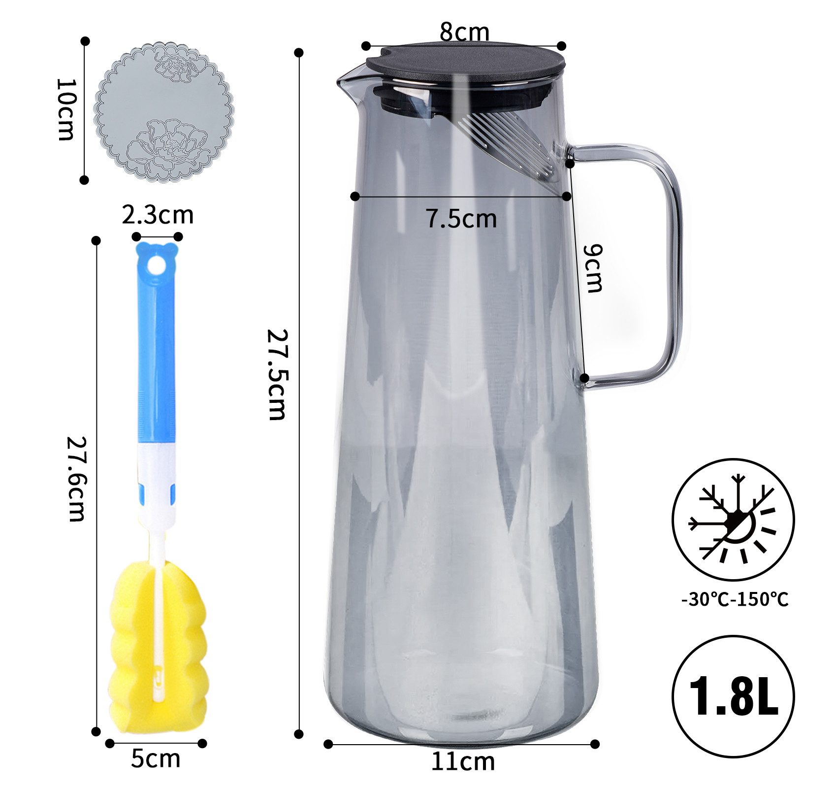 ElitVita Karaffe 1,8L Wasserkaraffe Eistee Krug, Hitzebeständig Glas, -30°C~150°C, (1-tlg), mit Griff und Deckel, für Fruchtsäfte Teegetränke Milch Kaffee Wein