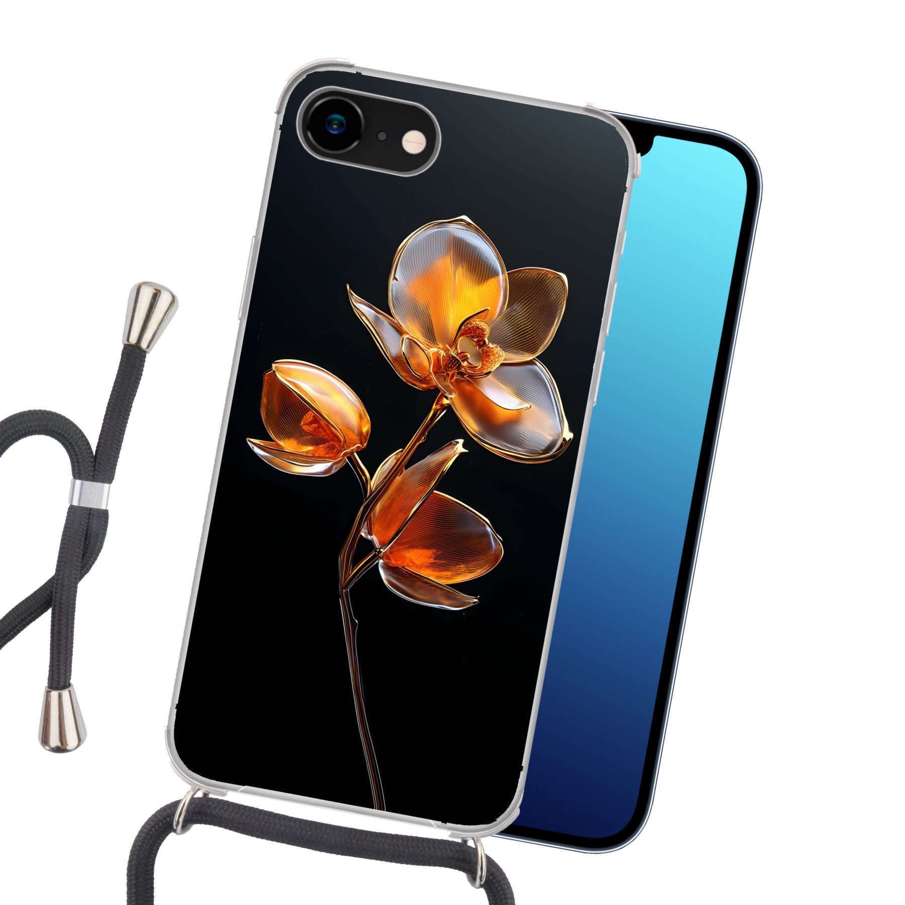 MuchoWow Handyhülle für Apple iPhone 7 Blume - Orchidee - Orange, Tragbare Handyhüllen mit Kette zum umhängen, Handykette Handyband