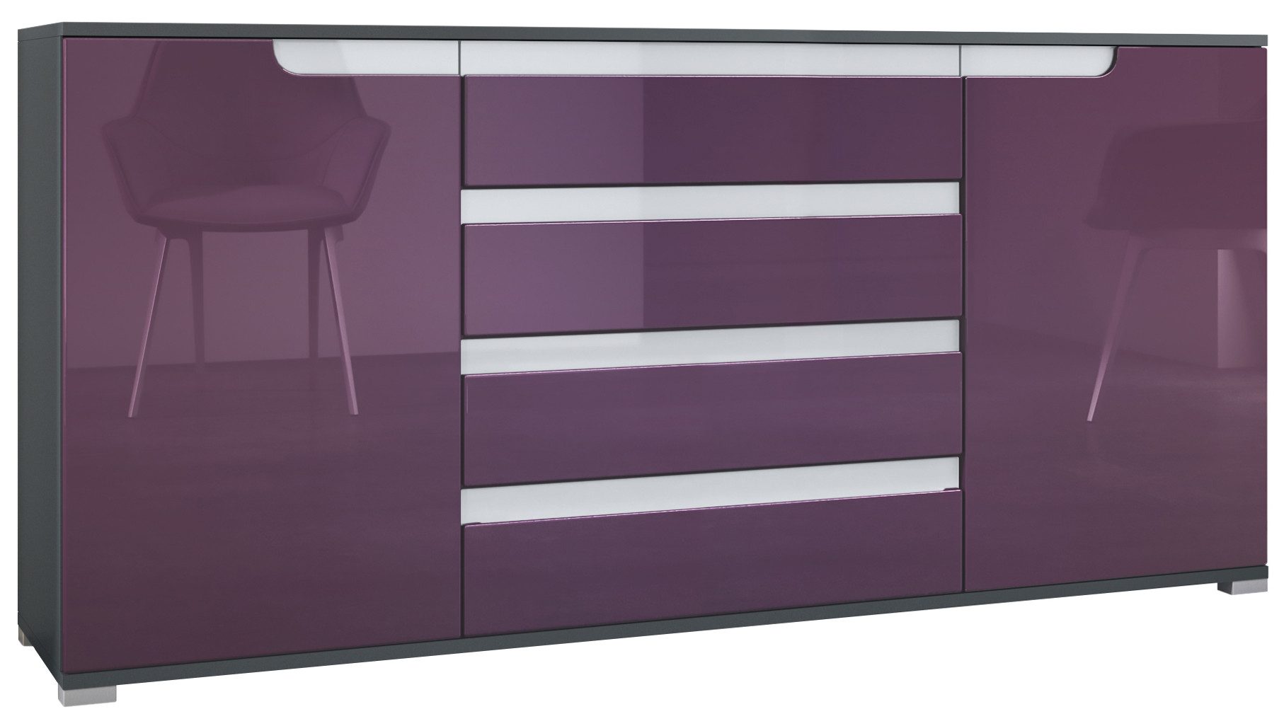 Vladon Sideboard Sylt V2 (Kommode mit 2 Türen und 4 Schubladen, Korpus - Anthrazit matt / Front - Brombeer Hochglanz), Absetzung - Weiß Hochglanz (166,5 x 75,5 x 35 cm)