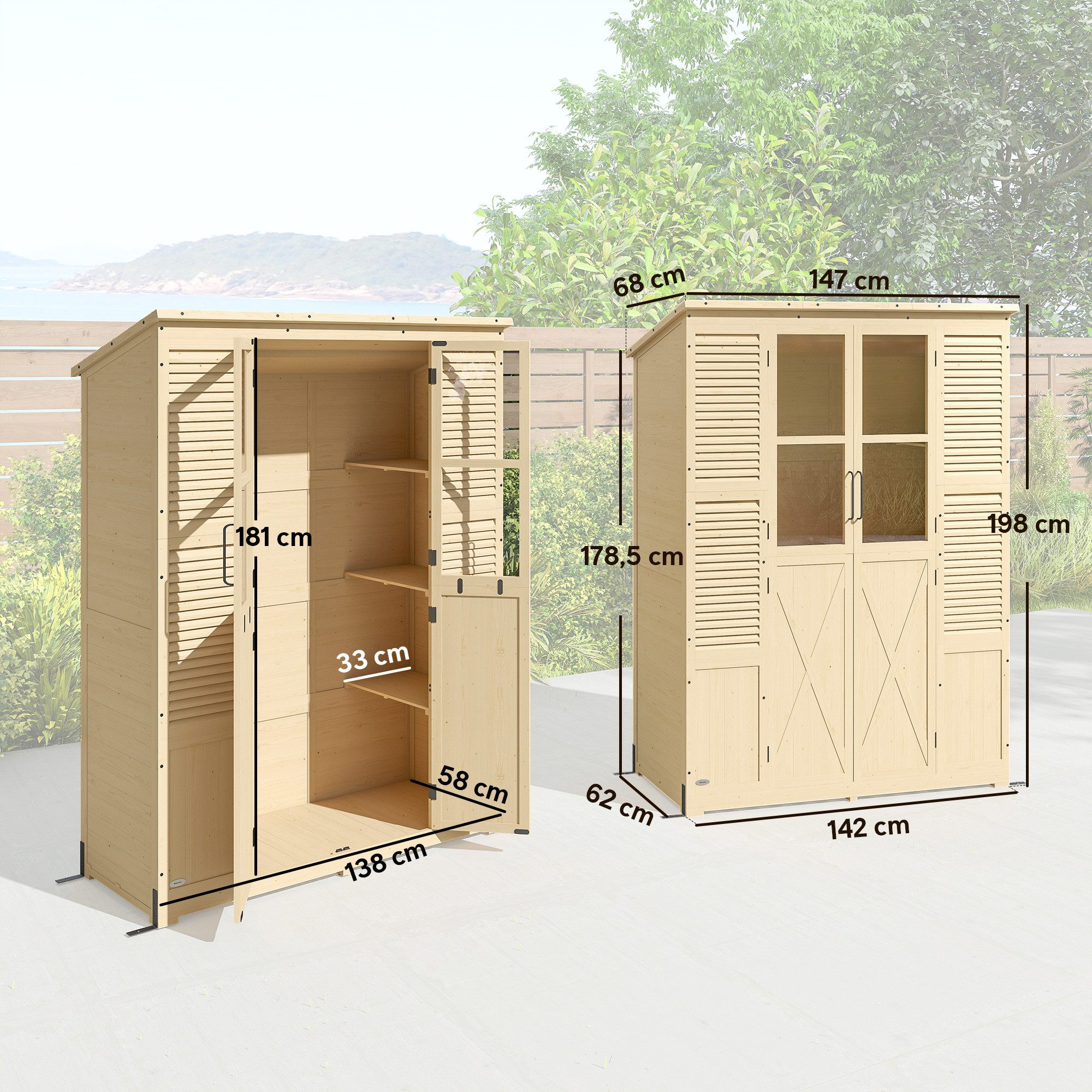 Outsunny Gerätehaus Gartenschrank Geräteschuppen mit Ablage Acrylfenstern, BxT: 147x68 cm, (Gartenschrank, 3 St., Geräteschuppen), begehbar, Naturholz