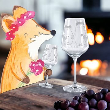 Mr. & Mrs. Panda Rotweinglas Bären mit Blumenkranz - Transparent - Geschenk, Geschenk für Weinlieb, Premium Glas, Luxuriöse Gravur