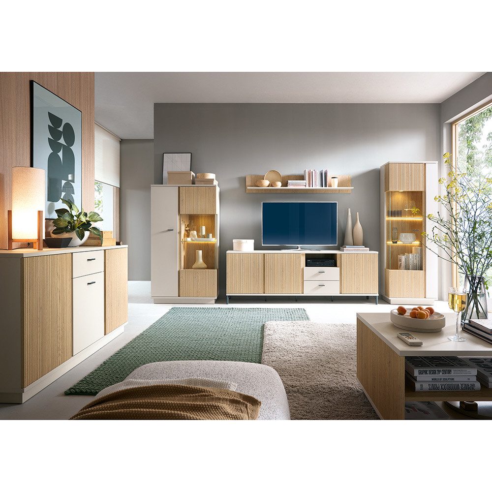 Lomadox Wohnzimmer-Set MOLINA-129, (Mega-Spar-Set, 6-St., Highboard Kommode Sideboard Vitrine Esstisch), Wohnzimmermöbel in Eiche & kaschmir mit Softclose & LED-Beleuchtung