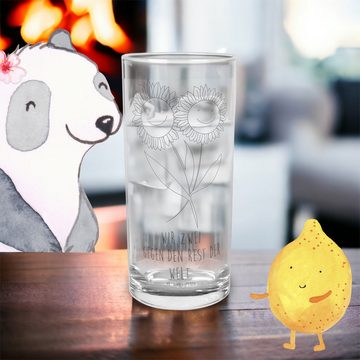 Mr. & Mrs. Panda Glas 400 ml Blume Sonnenblume - Transparent - Geschenk, Wasserglas, Trinkg, Premium Glas, Lasergravur