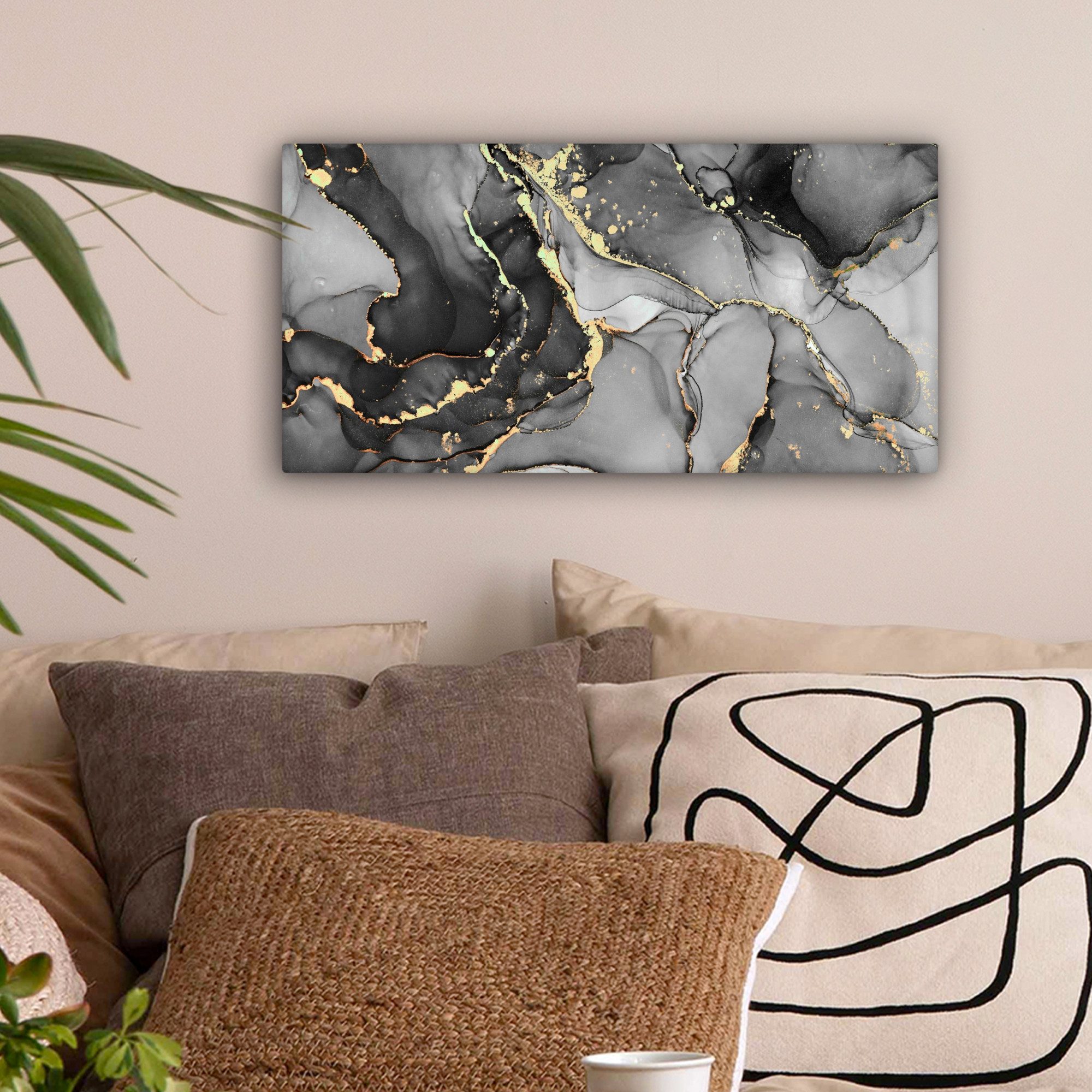 OneMillionCanvasses® Leinwandbild Panorama Marmor - Schwarz - Gold - Grau, günstig online kaufen