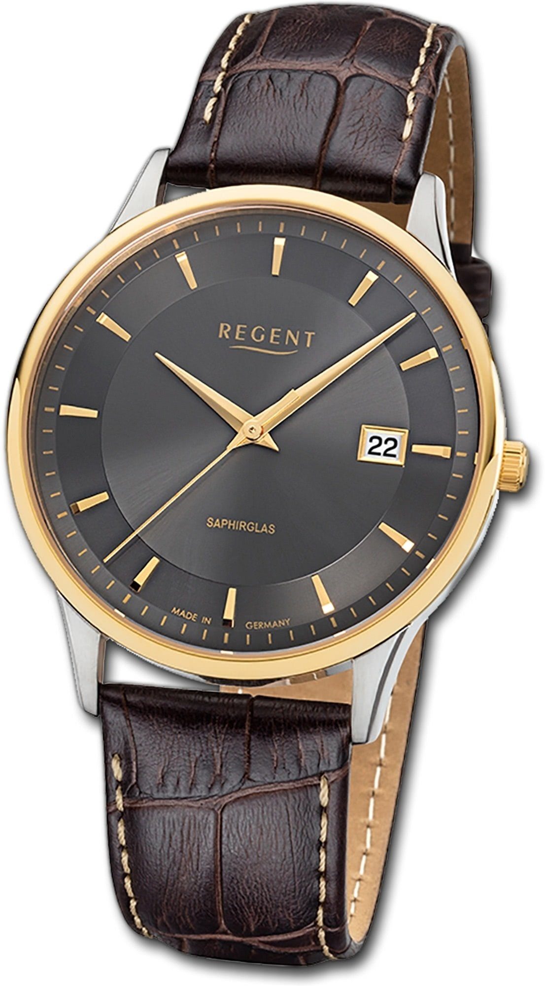 Regent Quarzuhr Regent Leder Herren Uhr GM-1608 Analog, Herrenuhr Lederarmband, rundes Gehäuse, mittel (ca. 39mm), schwarz