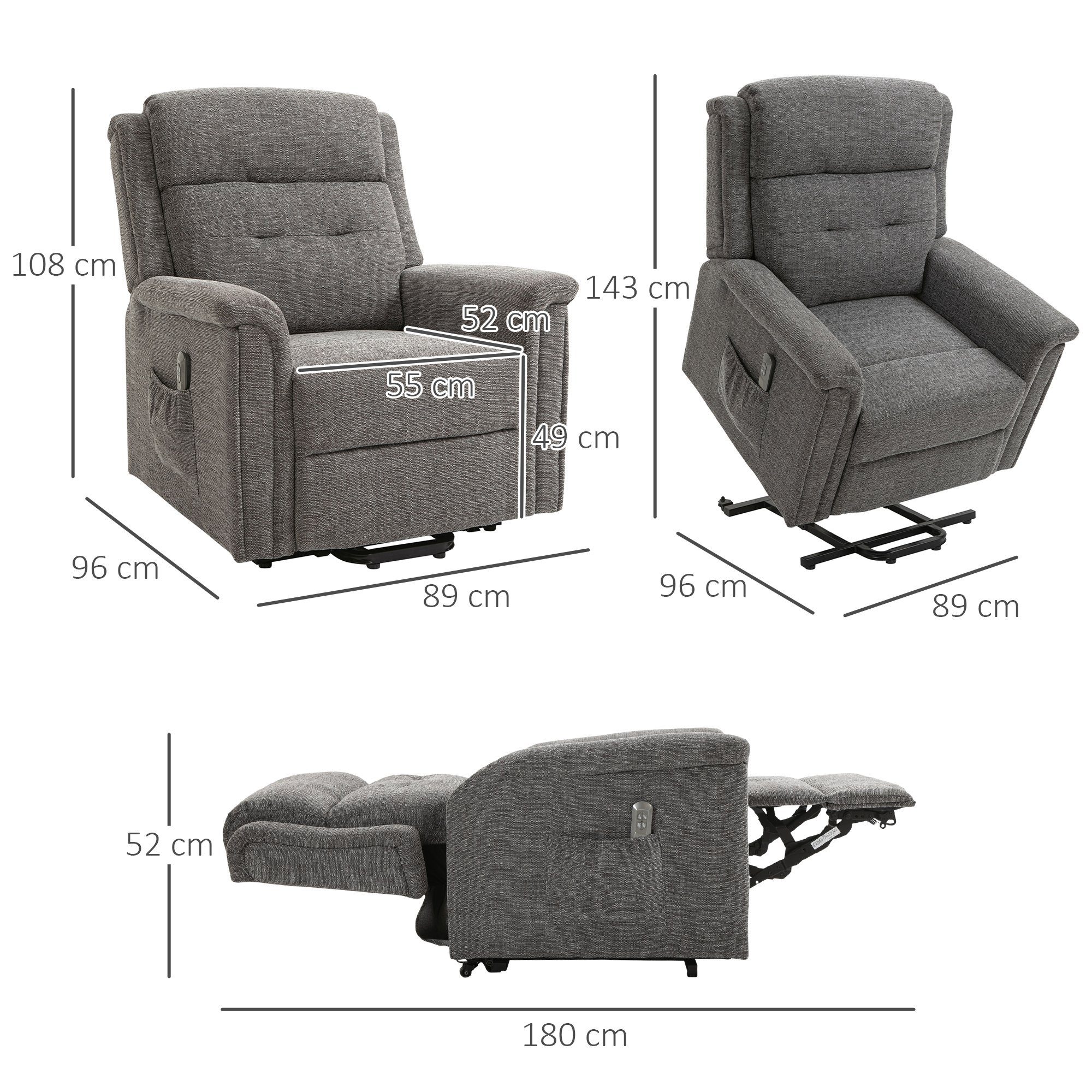 HOMCOM Relaxsessel Elektrischer Aufstehsessel mit 2 Liegefläche mit 180cm (Seniorensessel Sessel Motoren Fernsehsessel Fernsteuerung, Aufstehhilfe), 2-St., mit