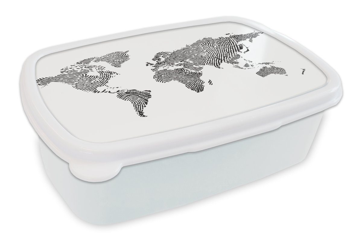 MuchoWow Lunchbox Weltkarte - Fingerabdruck - Schwarz - Weiß - Kinder - Jungen - Mädchen, Kunststoff, (2-tlg), Brotbox für Kinder und Erwachsene, Brotdose, für Jungs und Mädchen