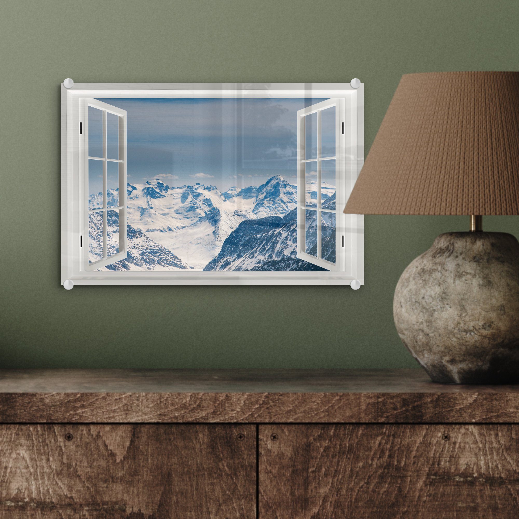 - Schnee auf - Foto Wandbild auf - - Bilder St), MuchoWow - Wanddekoration Glas Aussicht Glas Glasbilder Berge, Acrylglasbild (1