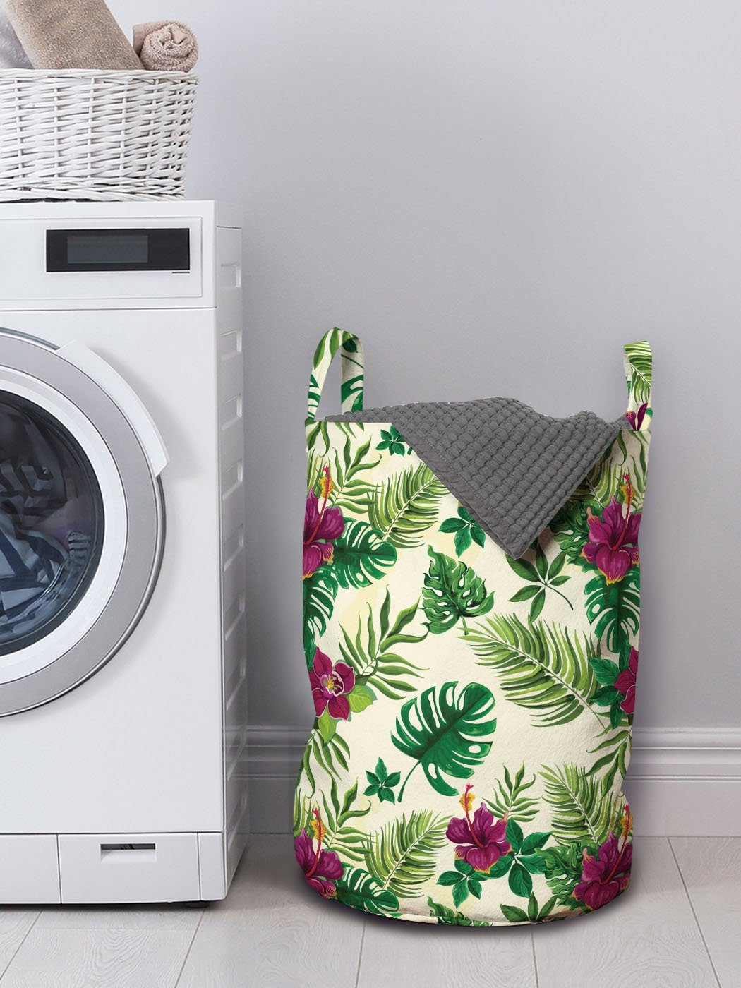Exotische Palme Hibiscus Blätter Kordelzugverschluss und Wäschesäckchen Waschsalons, Griffen Abakuhaus Wäschekorb mit für