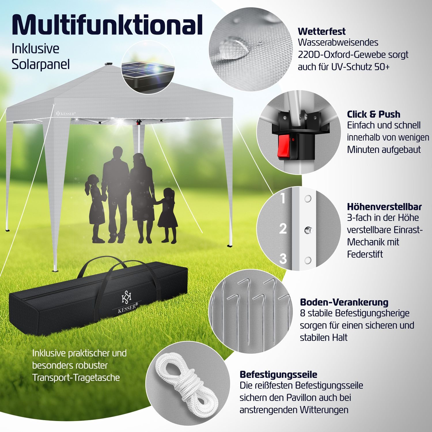 Thumbnail - KESSER Pavillon, Faltpavillon 3x3m mit LED Beleuchtung Solar Fernbedienung