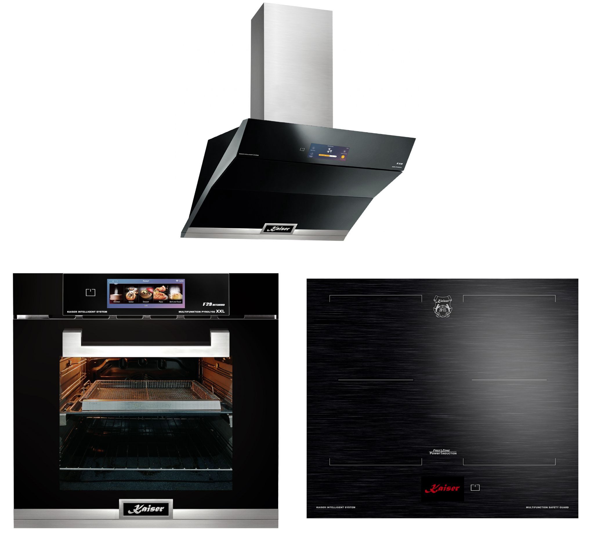 Kaiser Küchengeräte Backofen-Set Herd Set Autark Einbaubackofen Schwarzes Glas,79L,60 cm, Air fryer,TFT,Bratautomatik mit Induktionskochfeld 60 cm FREE ZONE mit 2 FLEX Induktions-Zonen TFT Display+Dunstabzugshaube 90 cm, 1250m³/h EH 6344+KCT 6140 FI+AT 9343, mit 1-fach-Teleskopauszug