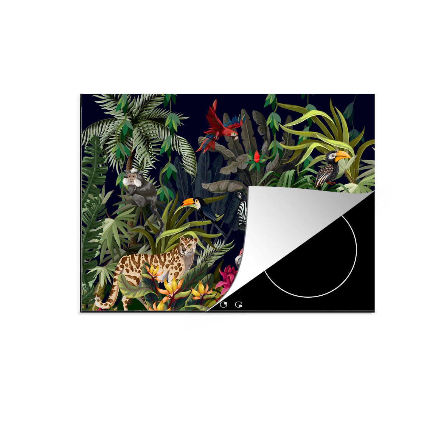 MuchoWow Herdblende-/Abdeckplatte Dschungeltiere - Natur - Jungen - Mädchen - Flamingo - Zebra, Vinyl, (1 tlg), 70x52 cm, Mobile Arbeitsfläche nutzbar, Ceranfeldabdeckung