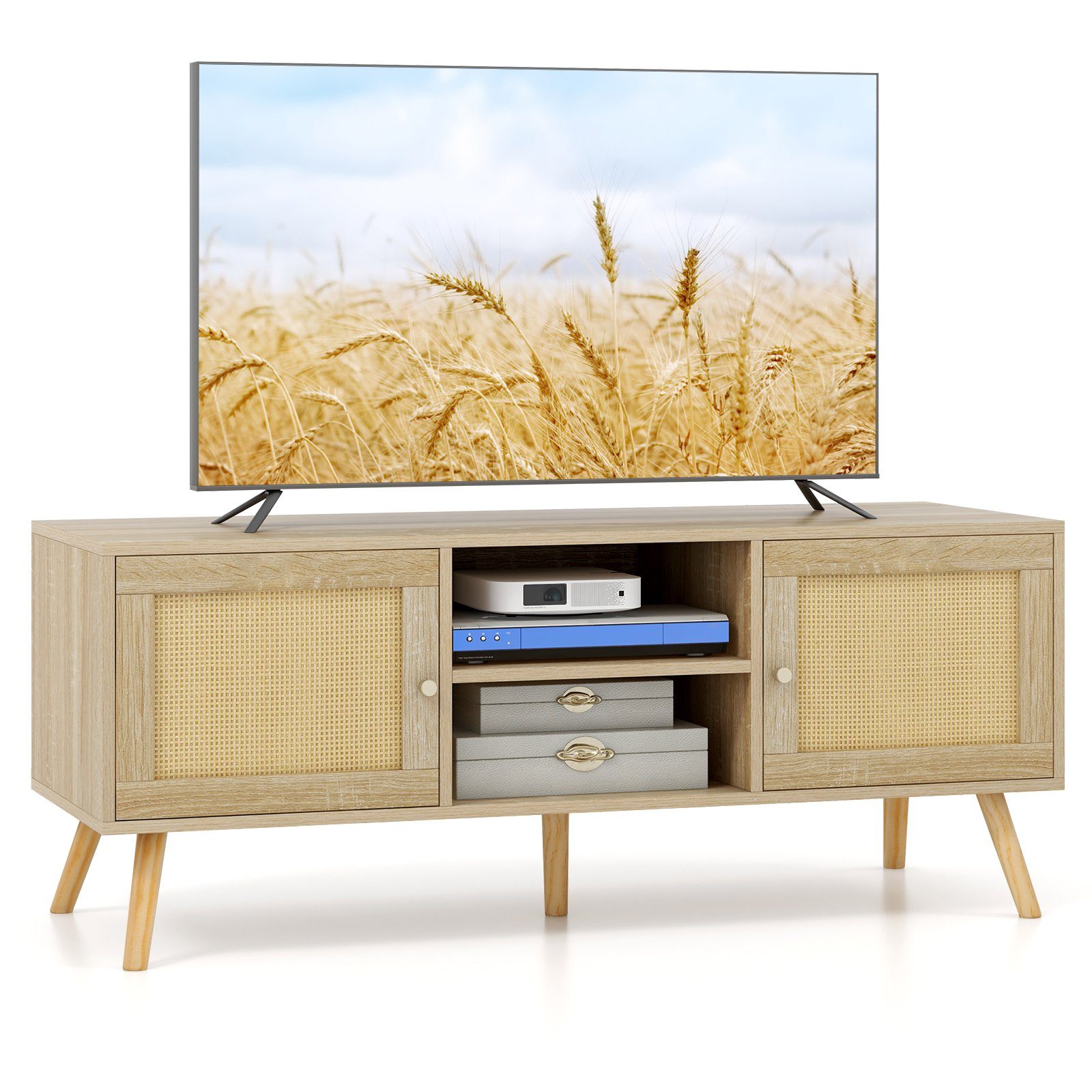COSTWAY TV-Schrank mit 2 Türen aus Rattan & Fächern, Holz, 120x40x48,5cm