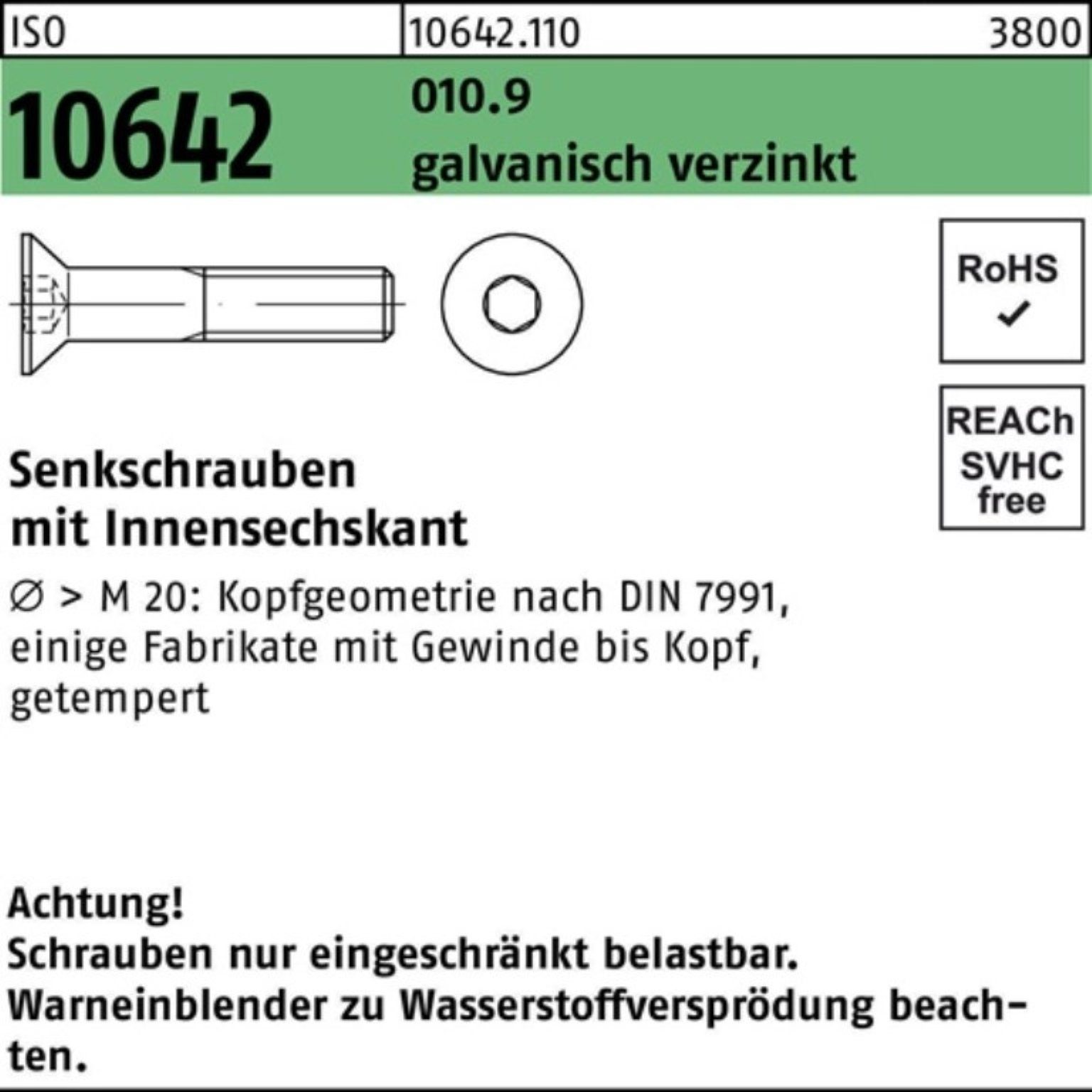 Reyher Senkschraube 200er Pack Senkschraube ISO 10642 Innen-6kt M8x 45 010.9 galv.verz. 20