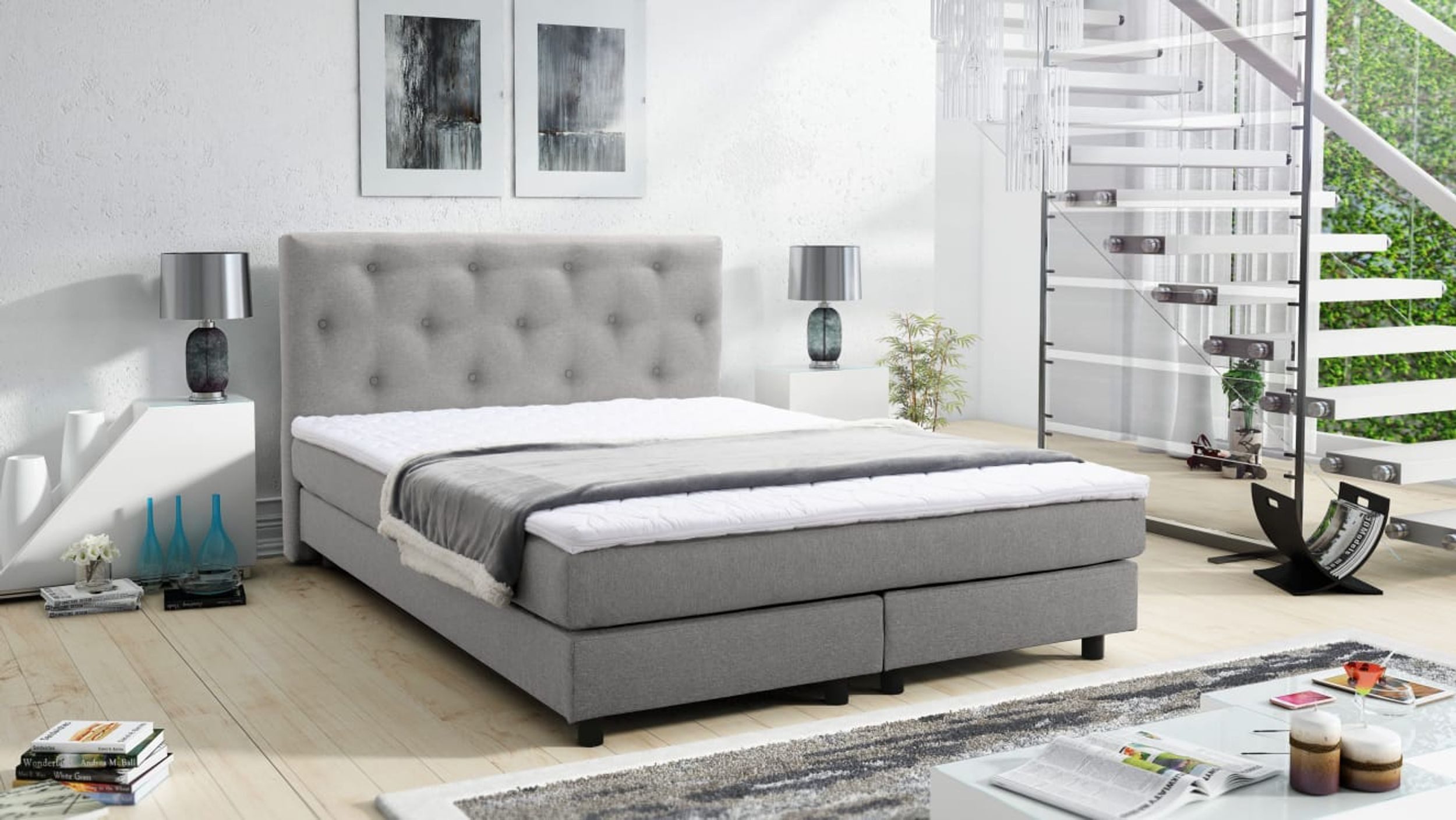 Küchen-Preisbombe Boxspringbett Glenn 1 Chester Hotelbett Boxbett 140x200 Bett Topper hellgrau