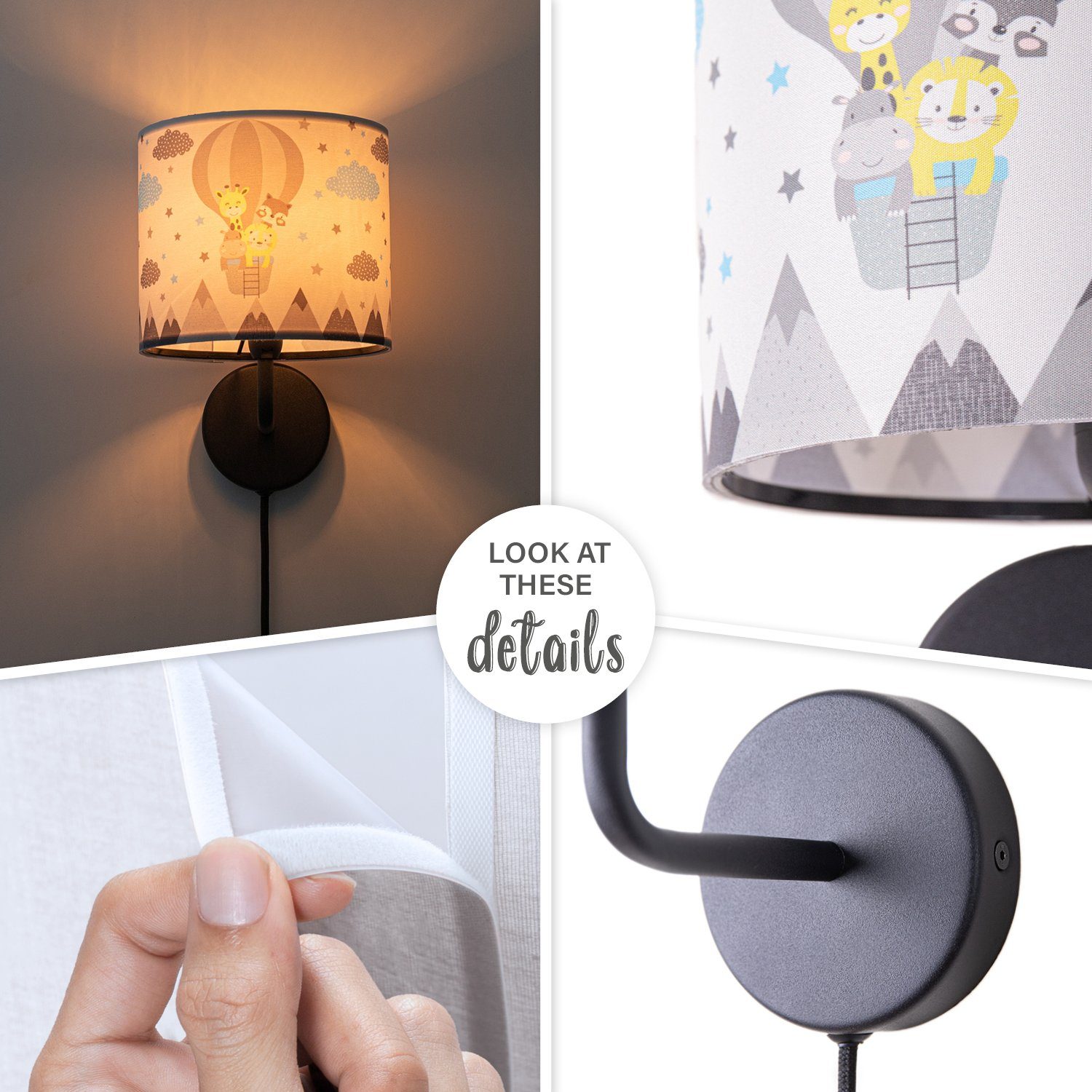 Paco Home Wandleuchte Cosmo 343, ohne Leuchtmittel, Lampe Kinderzimmer Stecker Ø 18cm Heißluftballon Tiere Kabel 3m E14