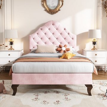 Flieks Polsterbett, Samt Einzelbett mit höhenverstellbarem Kopfteil 90x200cm rosa