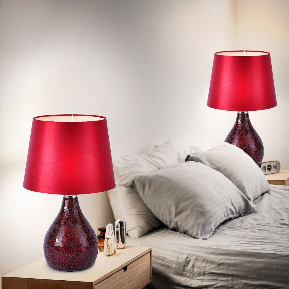 etc-shop Tischleuchte, Leuchtmittel nicht inklusive, Tischleuchte Glas rot  Nachttischlampe E14 Deko Tischlampe Wohnzimmer, Mosaiksteine Textilschirm,  DxH 23x37 cm, 2er Set