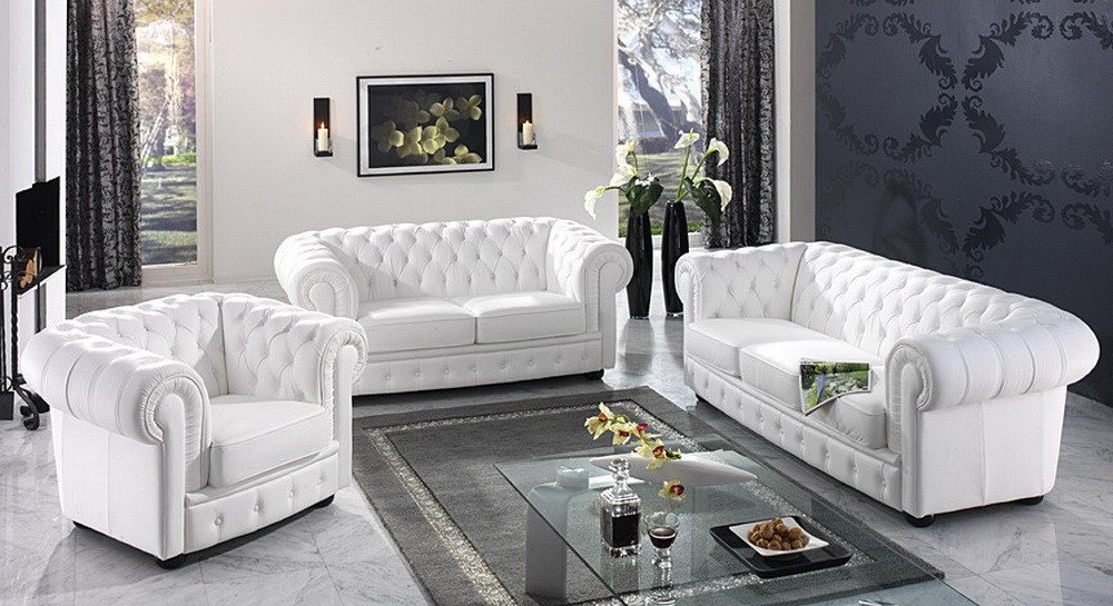 Salottini Polstergarnitur Chesterfield Newcastle Sofagarnitur Leder 3/2/1 weiß, (3-tlg), Taschenfederkern