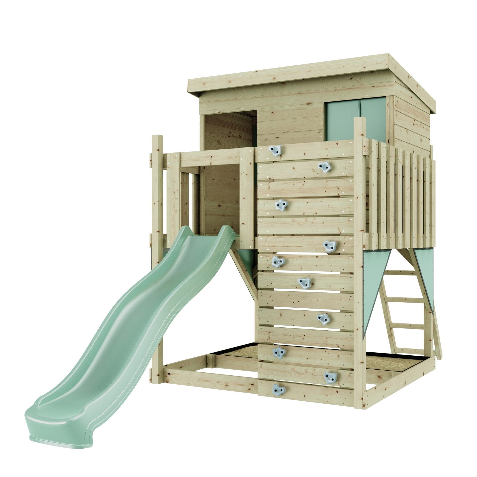 OutdoorToys Spielturm Stelzenhaus Polarstern aus Holz in Mintgrün mit Rutsche, Kletterwand, aus Holz in Mintgrün mit Rutsche, Kletterwand