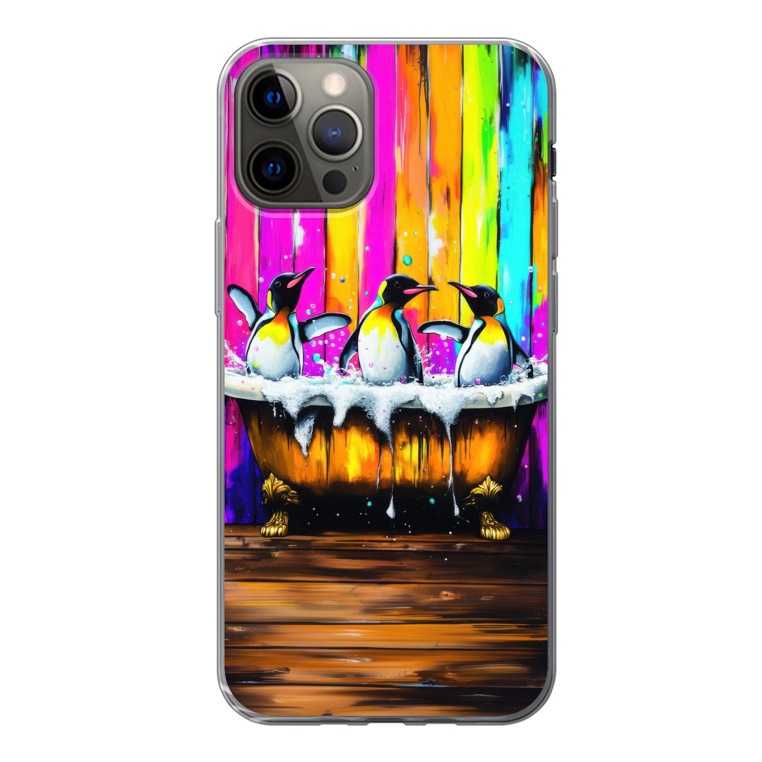 MuchoWow Handyhülle für Apple iPhone 12 Pro Pinguine - Badewanne - Bunt - Schaumstoff, Smartphone-Bumper, Print, Handy Schutzhülle Dünn