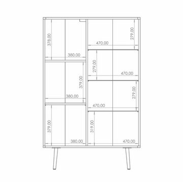 Furnix Standvitrine Pabllo Highboard mit Glastüren und schwarzen Metallfüßen Braun mit teilverglasten Tür, 7 Fächer, 3 Glasböden
