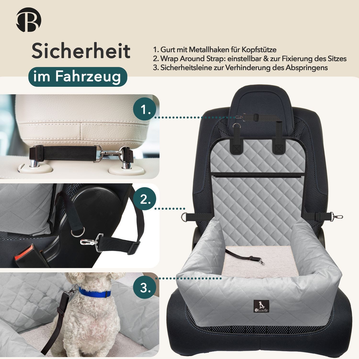 Bluzelle Hunde-Autositz Premium Hunde Autositz, 2-in-1 Hundebett, Haustier Auto Transport-Sitz, Wasserfester Oxford Stoff, Reise Hundesitz für Kleine & Mittlere Hunde / Waschbar Rutschfest