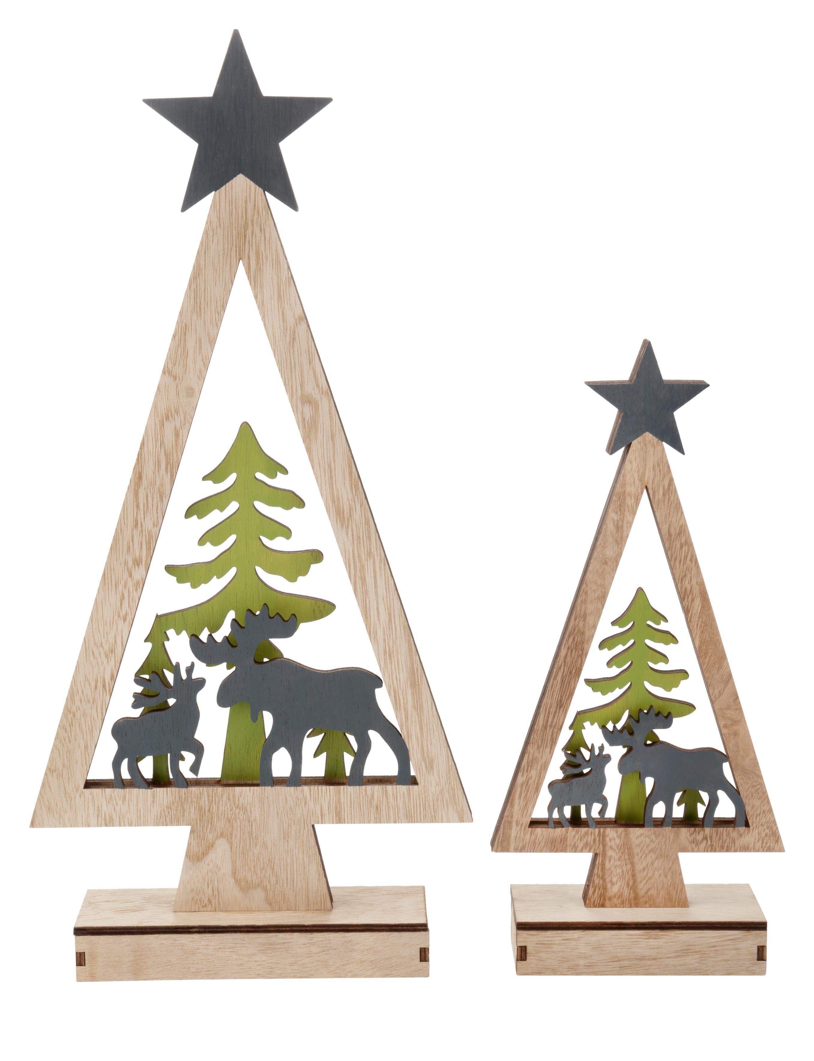 RIFFELMACHER & WEINBERGER Dekobaum Baum mit Rentieren, Dekoobjek mit LED Beleuchtung, Weihnachtsdeko, 2-teilig
