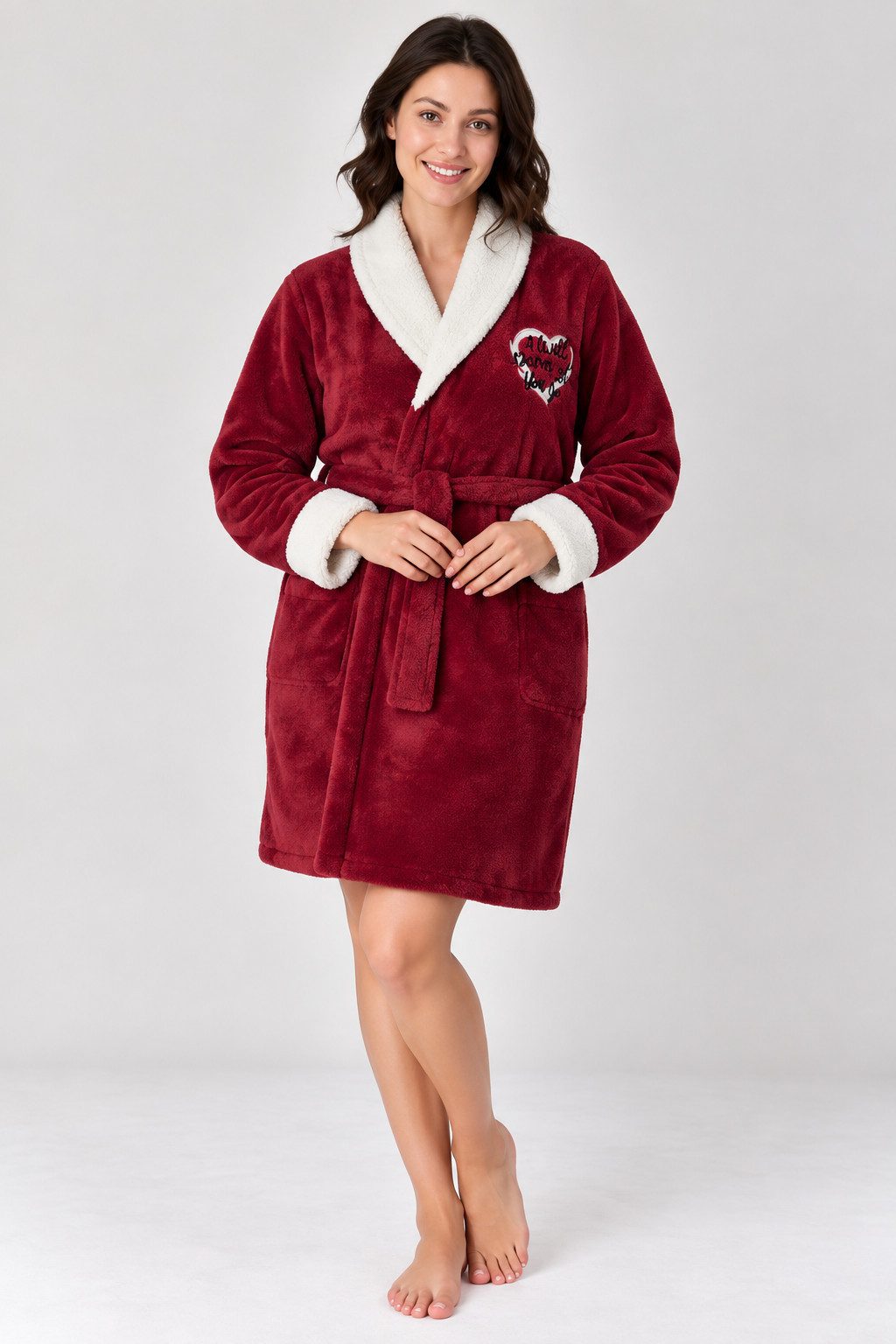 fashionshowcase Bademantel Damen Wellsoft flauschig warm mit Gürtel Schalkragen Taschen kurz, kurz, knielang, Wellsoft, Fleece, aufgesetzte Taschen, Bindegürtel, Bindegürtel, kuschelig weich, wärmend, gemütliches Tragegefühl