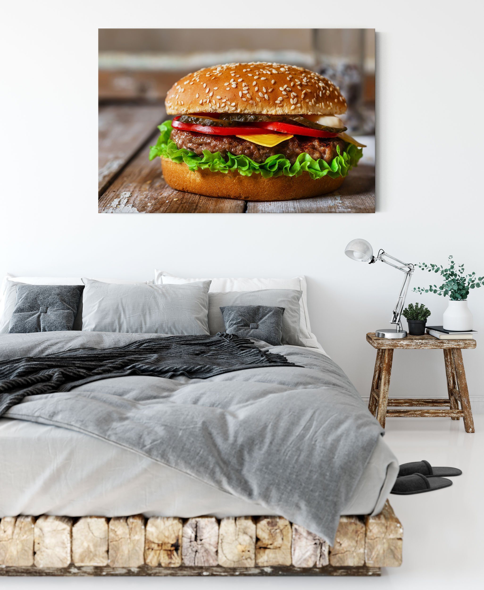 mit St), Leinwandbild Leinwandbild Zackenaufhänger Pixxprint Burger Tomaten, (1 bespannt, Tomaten fertig inkl. Burger mit