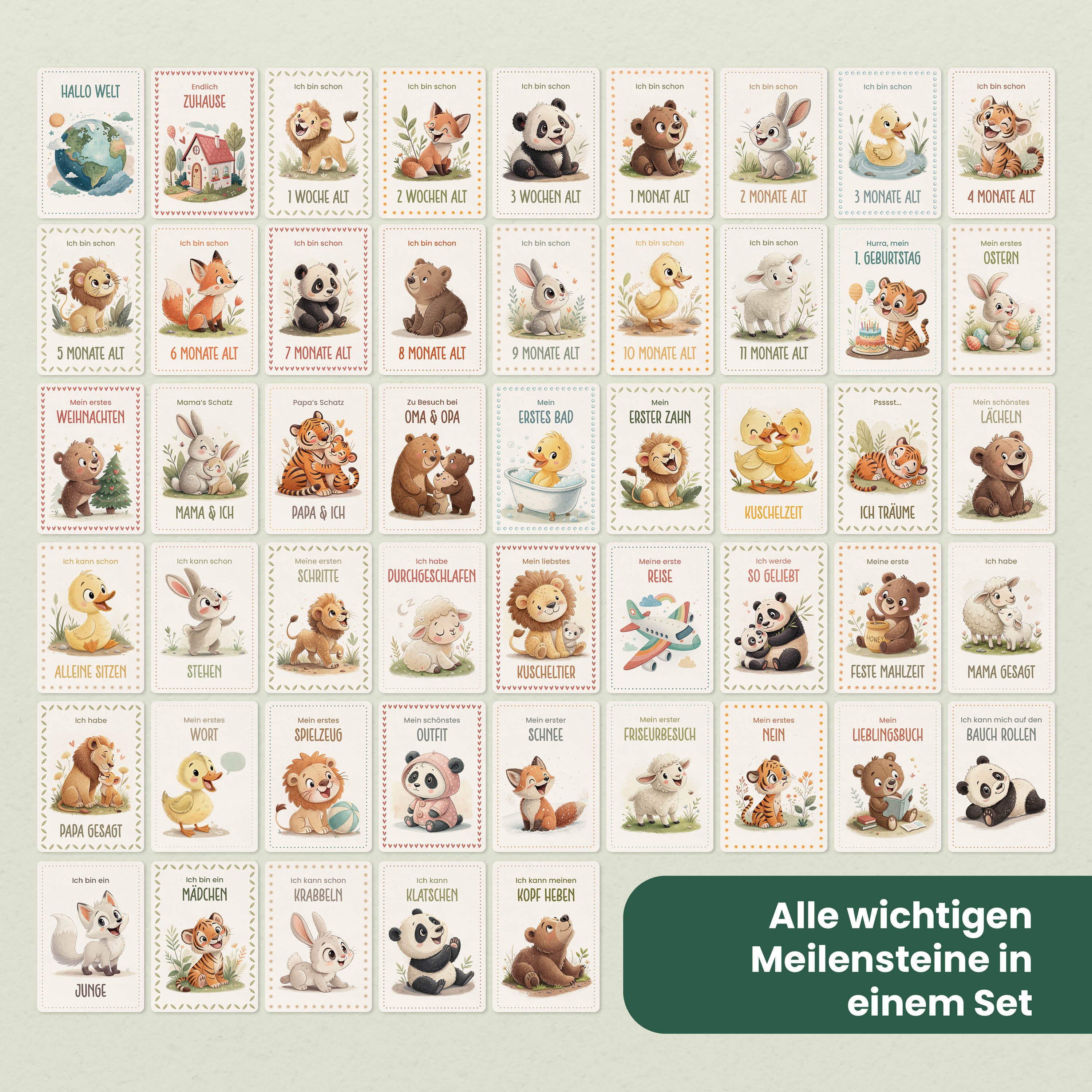 Lilletå Geburtskarte Meilensteinkarten Tiere Baby – 50 Karten Meilensteine im ersten Jahr, Geschenkidee Babyparty - Monatskarten Baby