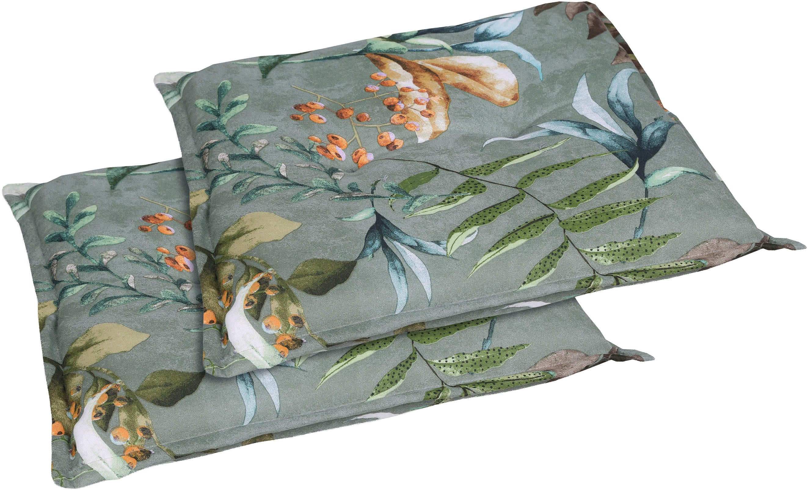 GO-DE Hockerauflage, (Spar-Set, 2 St), Blätter / Beeren grün - Maße BxLxH ca.: 50 cm x 50 cm x 7 cm
