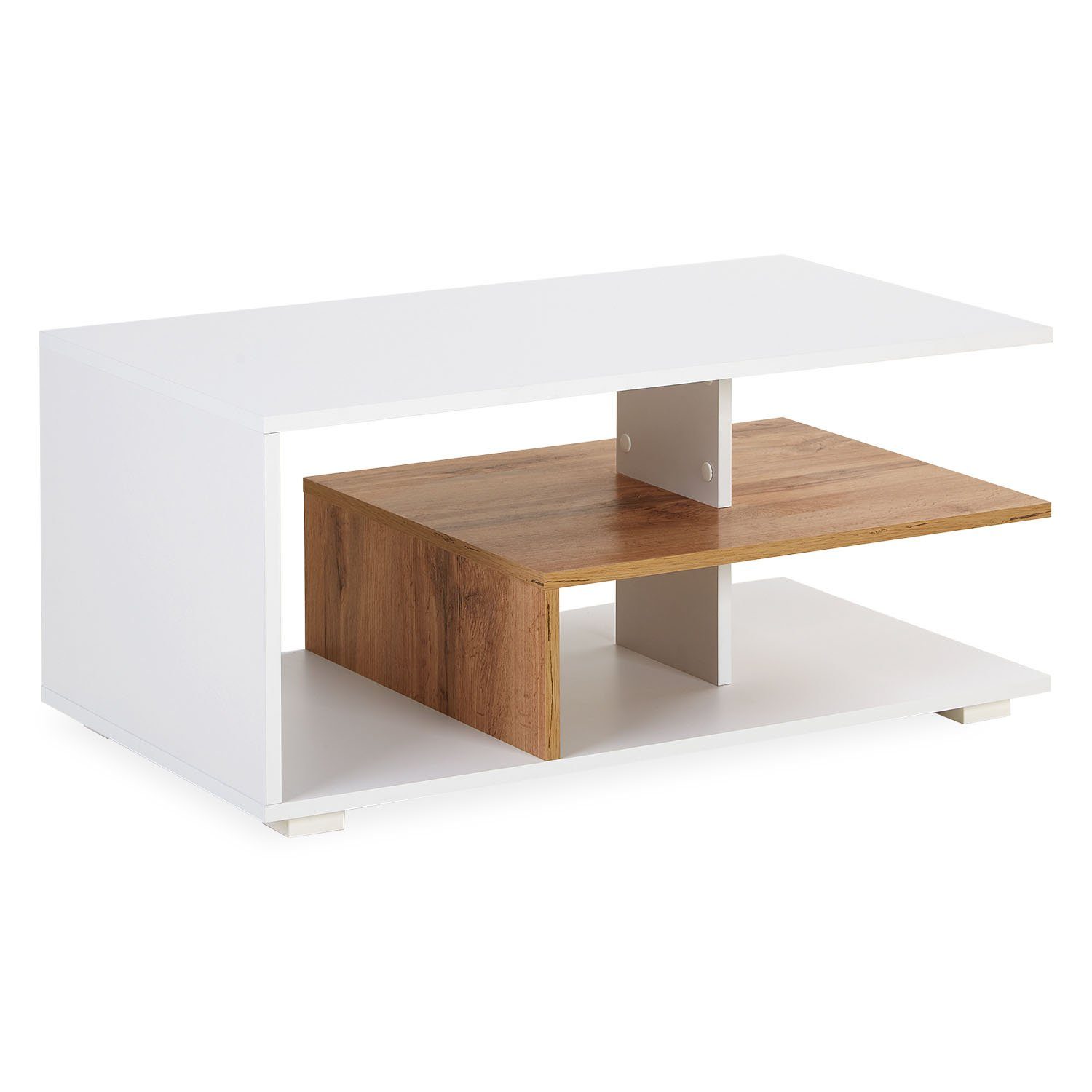 Homestyle4u Couchtisch 90 x 50 Tisch Weiß Holz Eiche Beistelltisch Braun Ablage Fächer