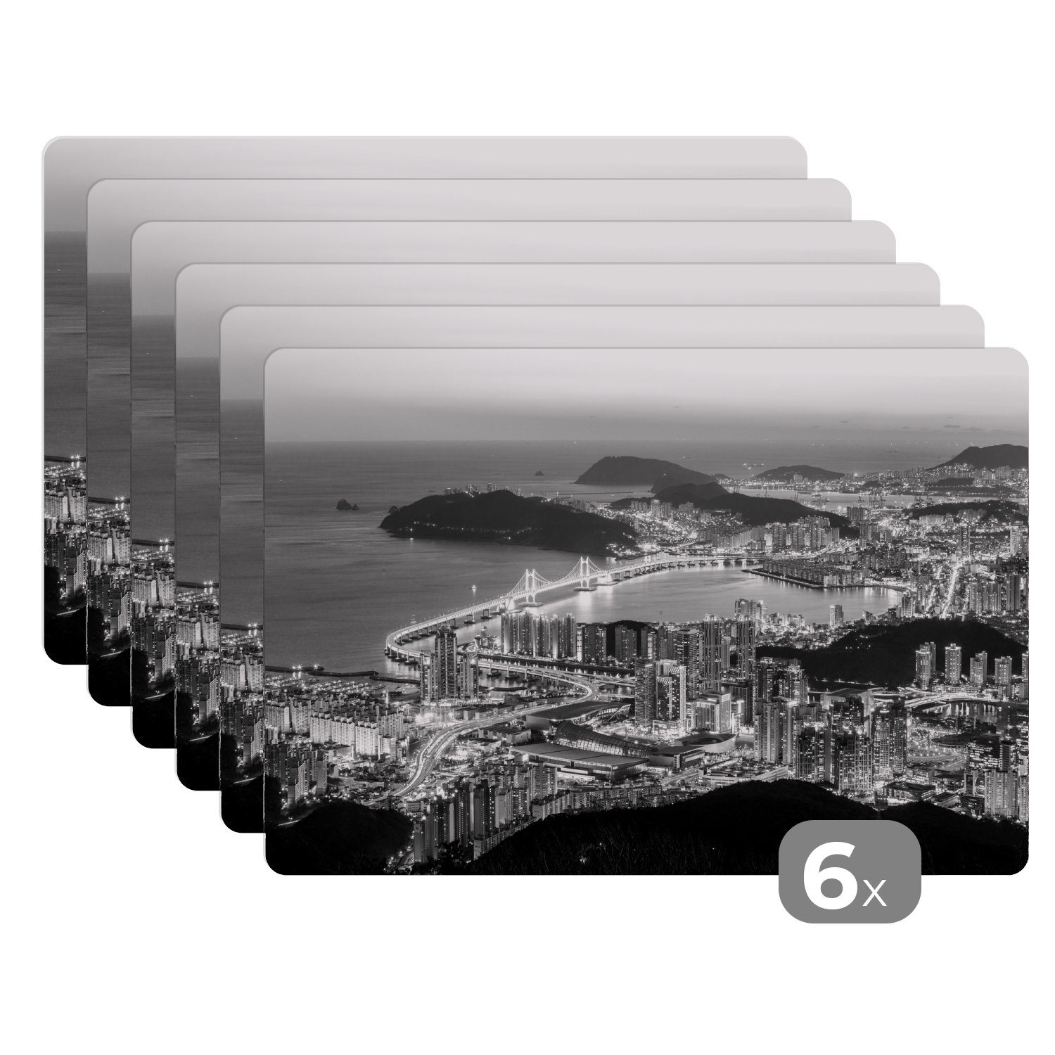 Platzset, Blick über ein - in beleuchtetes Schmutzabweisend (6-St), Südkorea Platzset, MuchoWow, Tischmatten, Platzmatte, schwarz-weiß, Busan Platzdecken