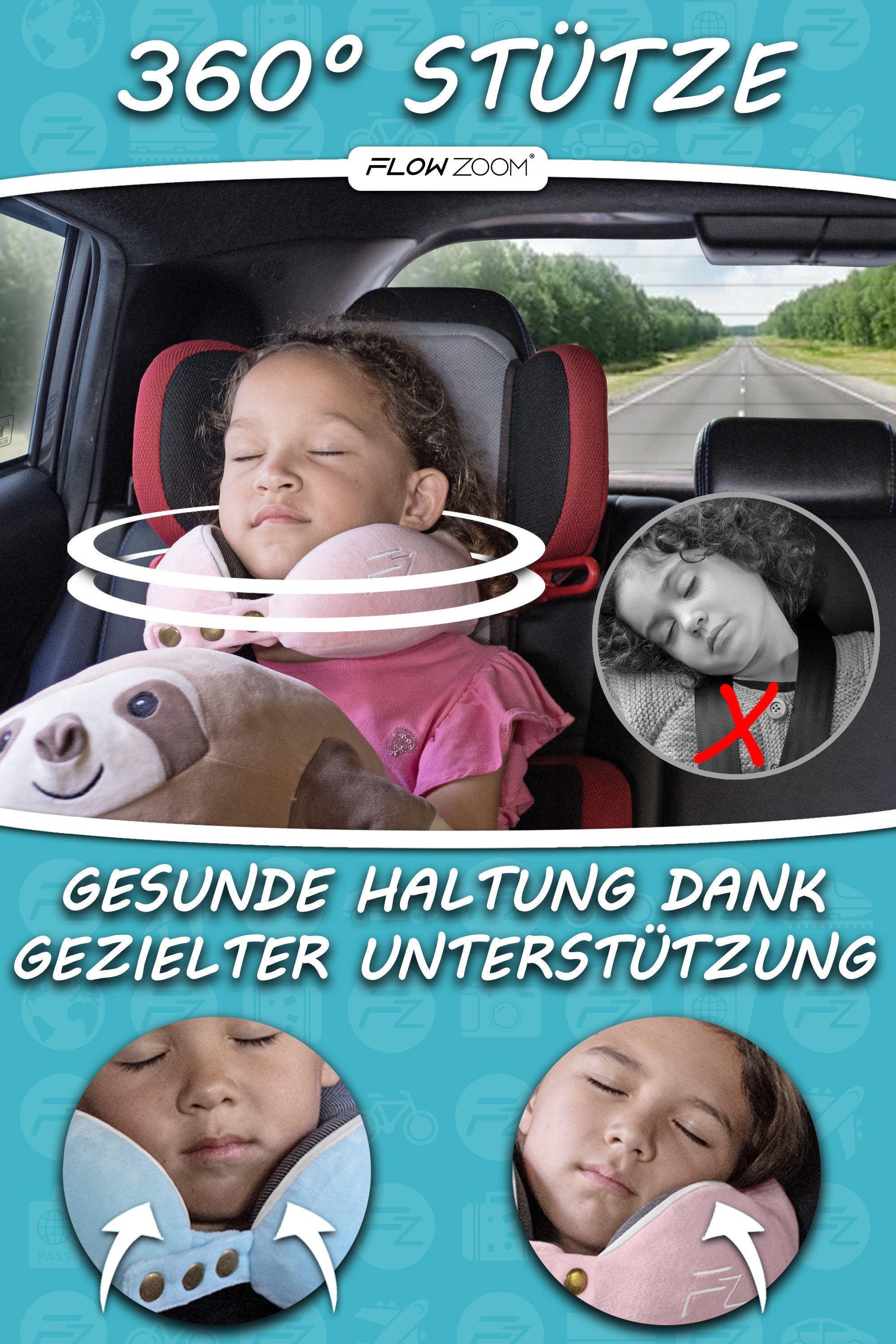 FLOWZOOM Nackenhörnchen COMFY KIDS Nackenkissen Kinder – Reisekissen Memory-Schaum, Kinder-Reisekissen Memory-Foam - Nackenhörnchen Kinder – Bild 2 von 5