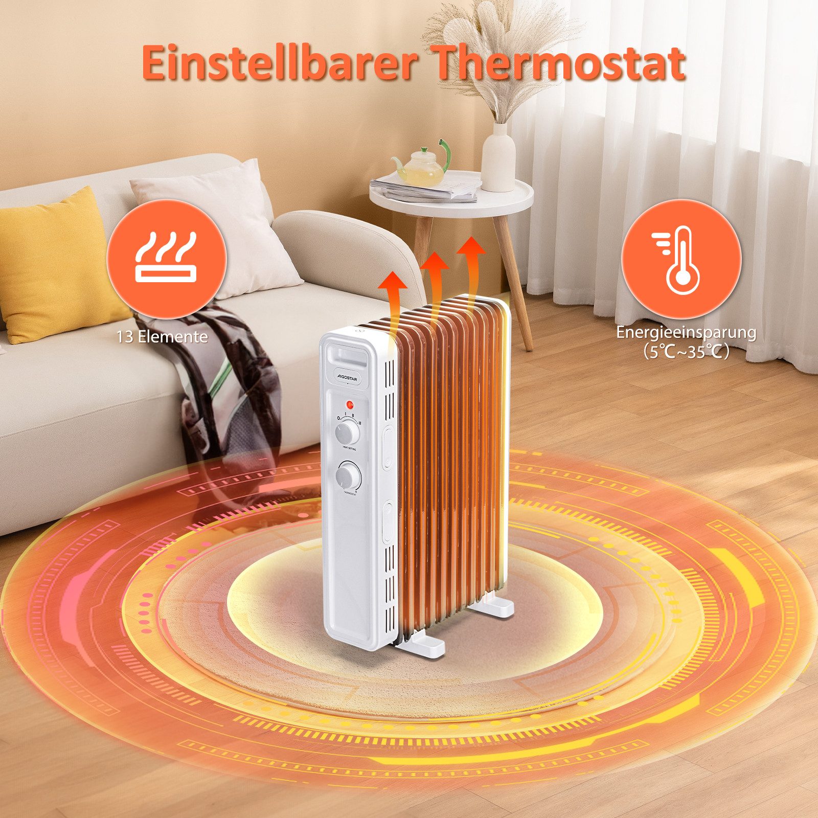 Aigostar Ölradiator Energiesparend Heizkörper mit Thermostat, Mobiler Elektro Heizkörper, 2500 W, Schnelle Wärme, Geräuschlose, Überhitzungsschutz, Kippschutz – Bild 3 von 5