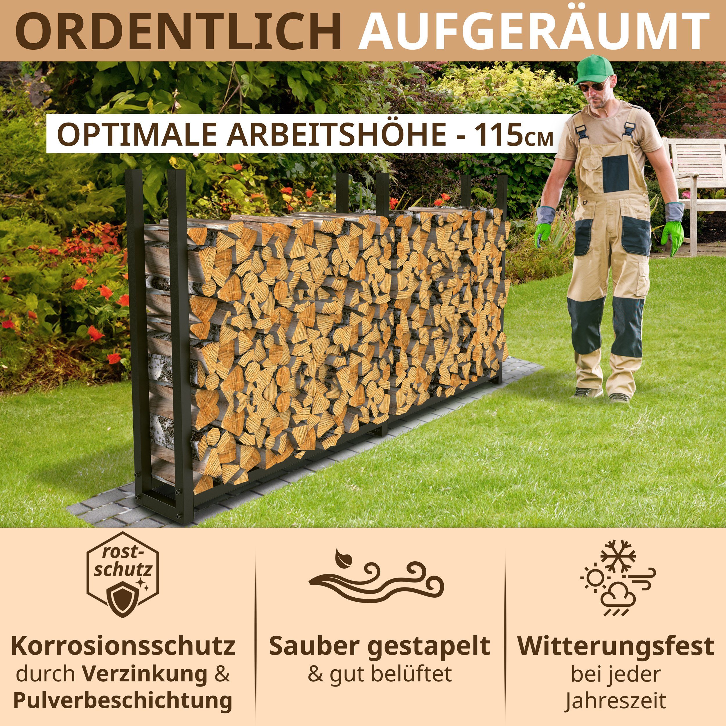LAWA Living and Lifestyle Kaminholzregal außen Brennholzregal Metall Stapelhilfe verzinkt Feuerholz Regal, BxTxH:223.00x25x115.00 cm, pulverbeschichtet, schwarz, ohne Plane, Kaminholzlager Outdoor