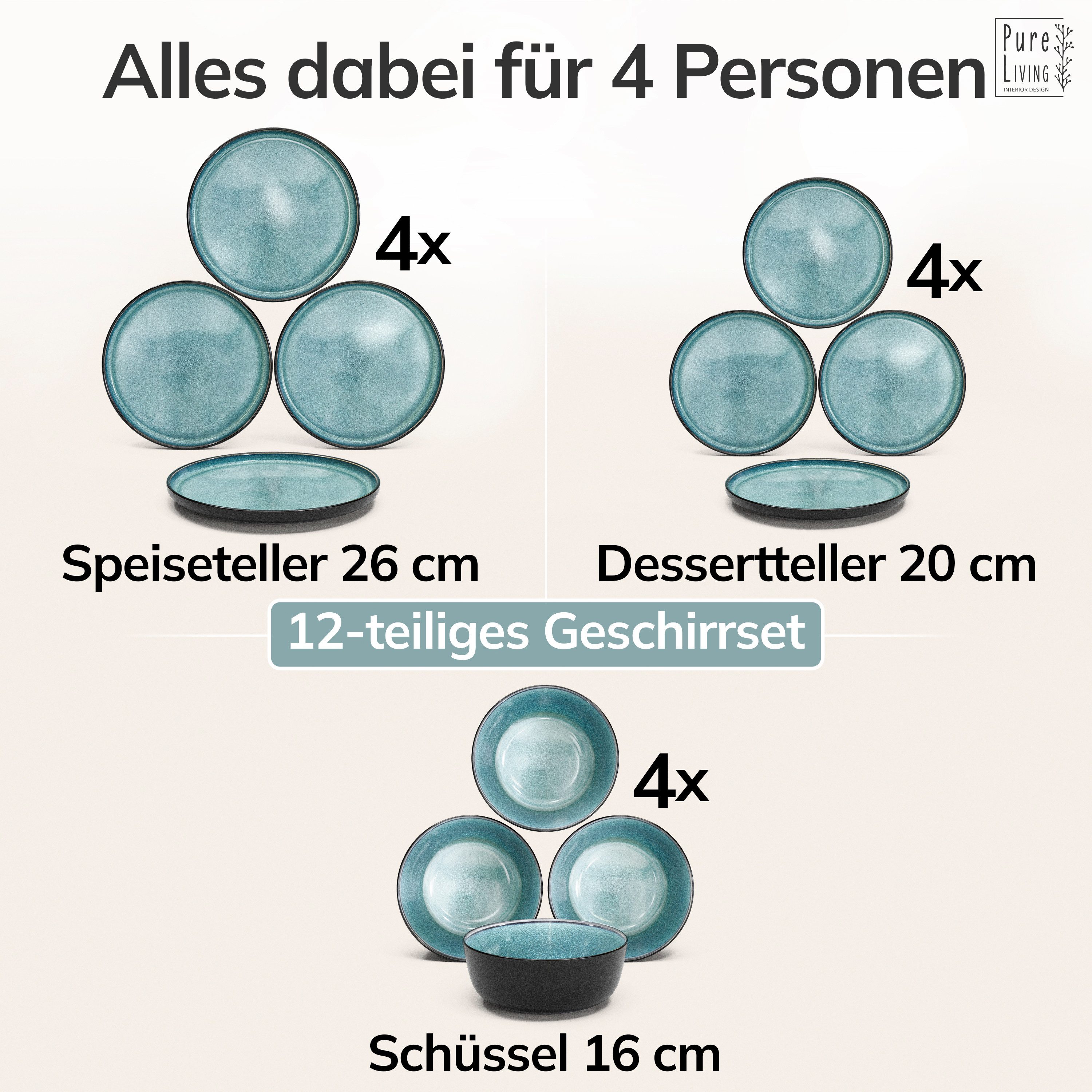 PURE LIVING INTERIOR DESIGN Geschirr-Set Ibiza aus Steingut, 12-tlg., für 4 Personen, Petrol (12-tlg), 4 Personen, Steingut – Bild 5 von 5