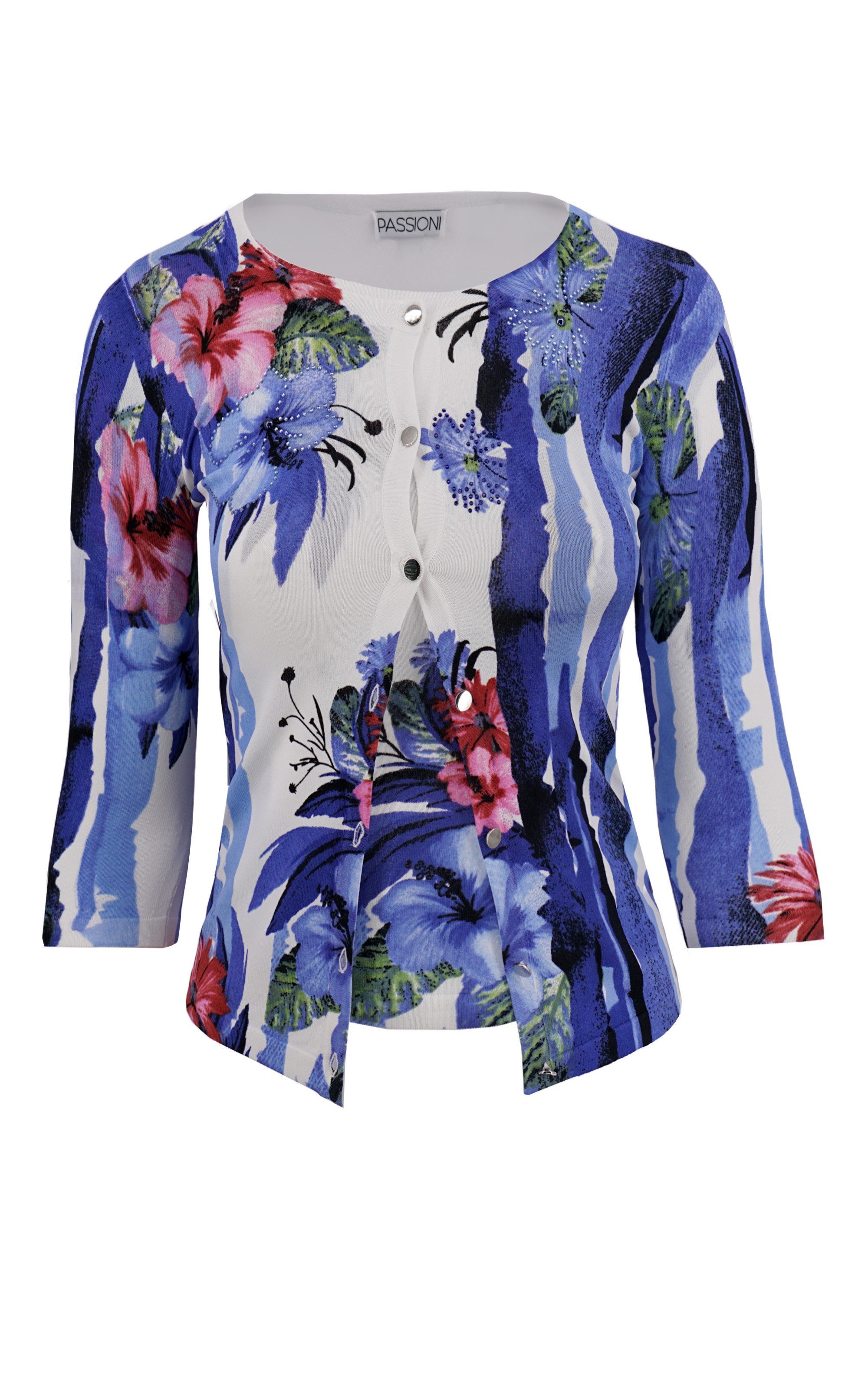 Passioni Cardigan Twinset in Blau-Schwarzem Blumen- und Abstraktem Aquarelldruck