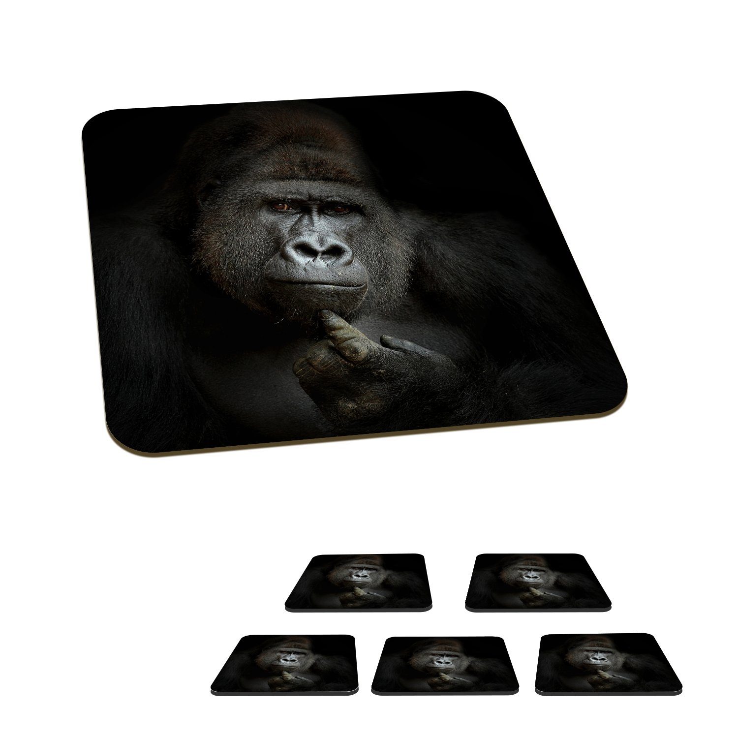 MuchoWow Glasuntersetzer Gorilla - Affe - Tiere - Schwarz und weiß, Zubehör für Gläser, 6-tlg., Glasuntersetzer, Tischuntersetzer, Korkuntersetzer, Untersetzer, Tasse