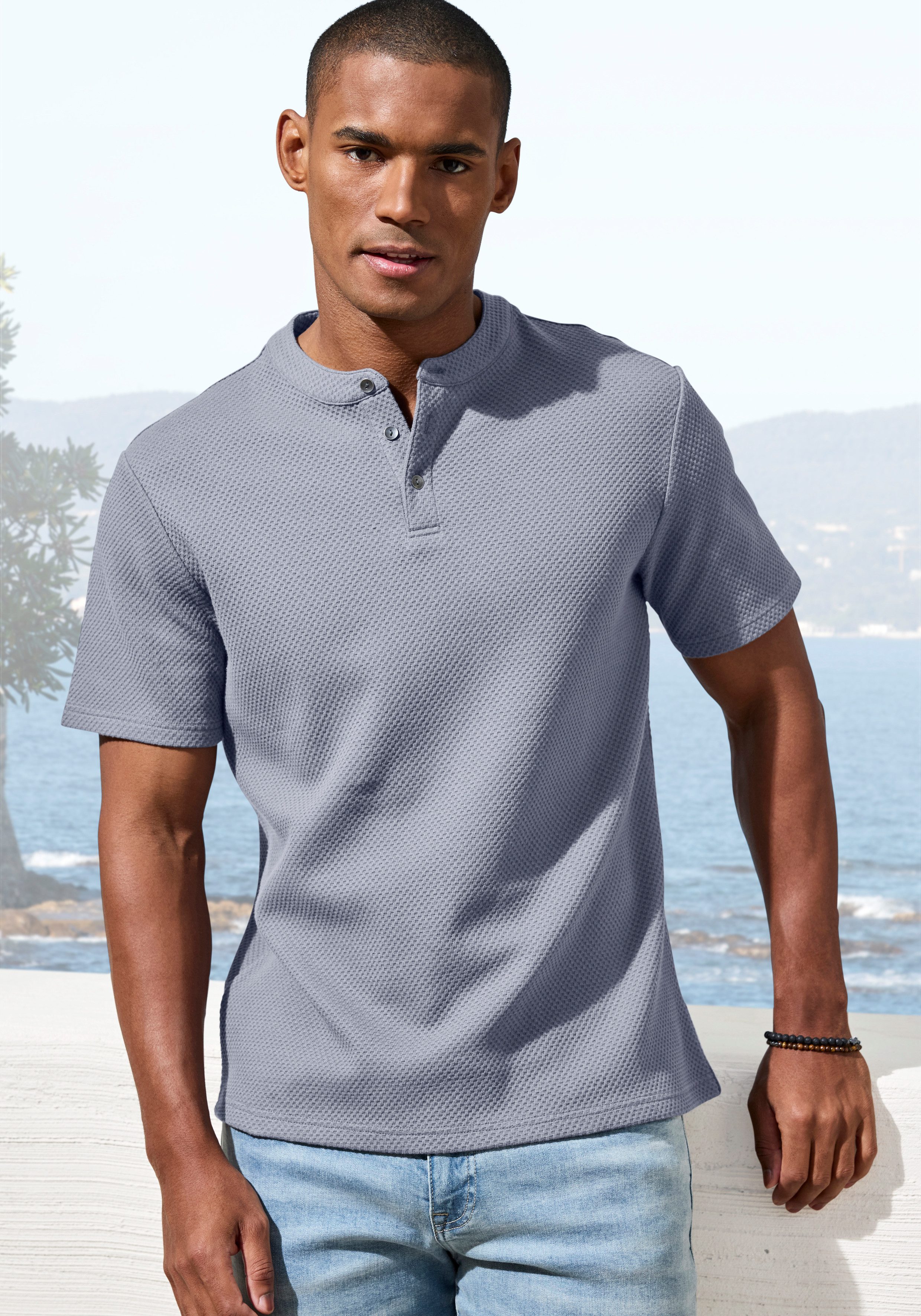 John Devin T-Shirt Kurzarm-Poloshirt aus Struktur-Qualität mit modischem Stehkragen und Knopfleiste