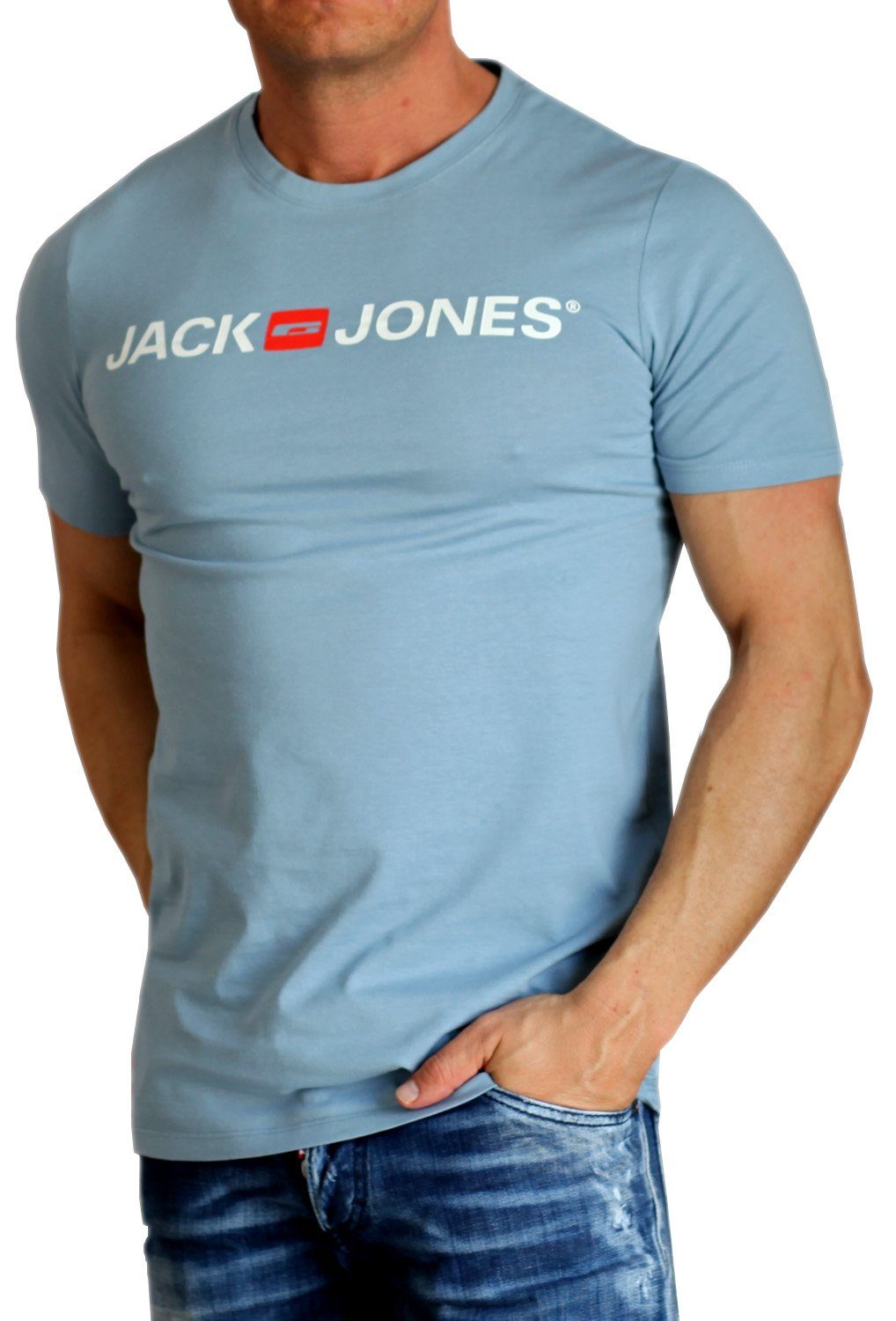 Jack & Jones Print-Shirt mit Faded aus Baumwolle Denim Rundhalsausschnitt
