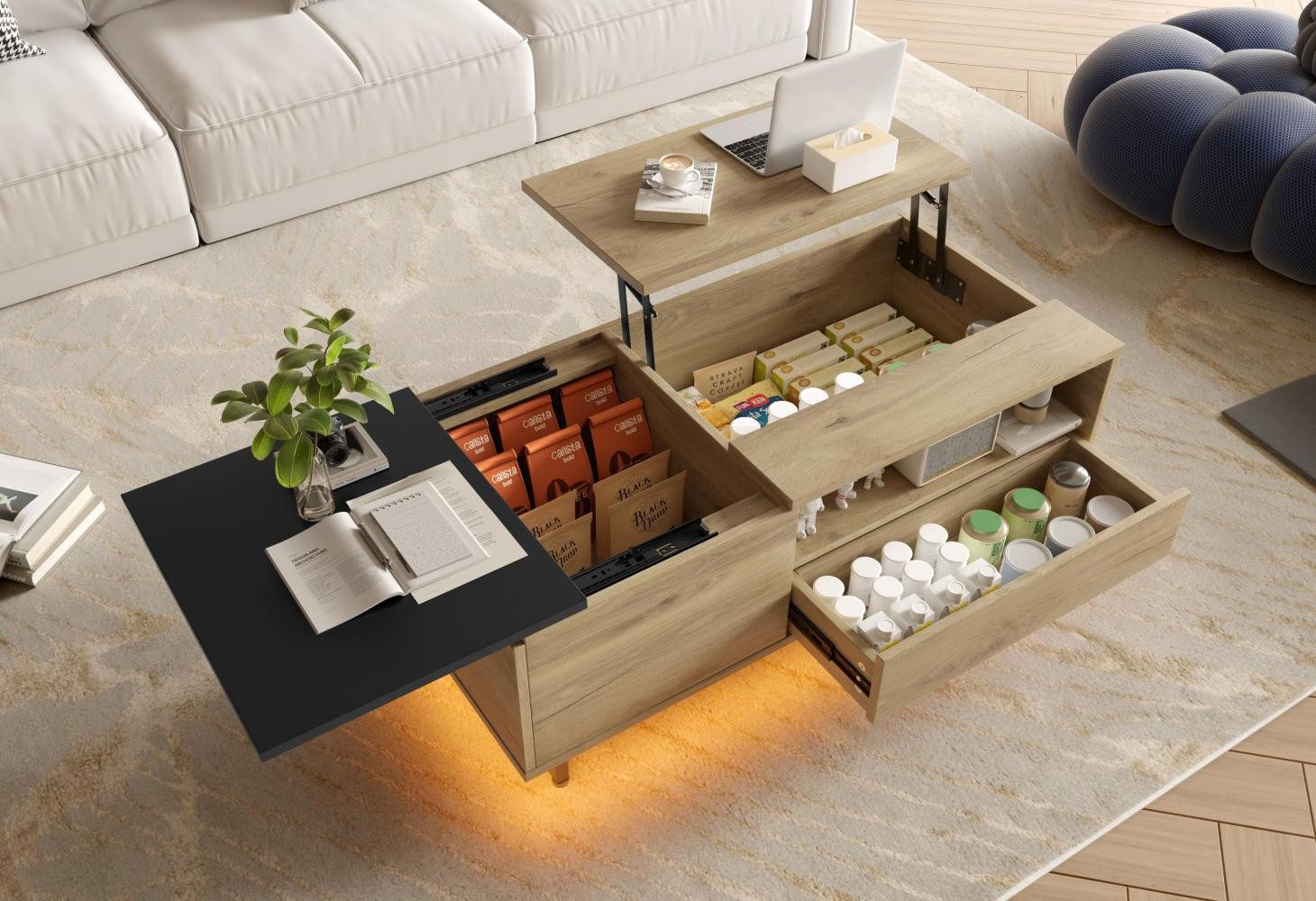 LVHOM Couchtisch mit LED, 4 Stauraum (Schubladen, offene/versteckte Fächer) (verstellbarer Tischplatte(praktischem Lift-Design) für Homeoffice/Büro/Essen, 4-fach-Stauraum sortiert Geräte/Snacks/Entspannung, LED-Ambience für gemütliche Abende, Umweltfreundliche Materialien und intelligentes Design kombiniert), für kompakte Räume, Wohnzimmer, Schlafzimmer, Arbeitszimmer