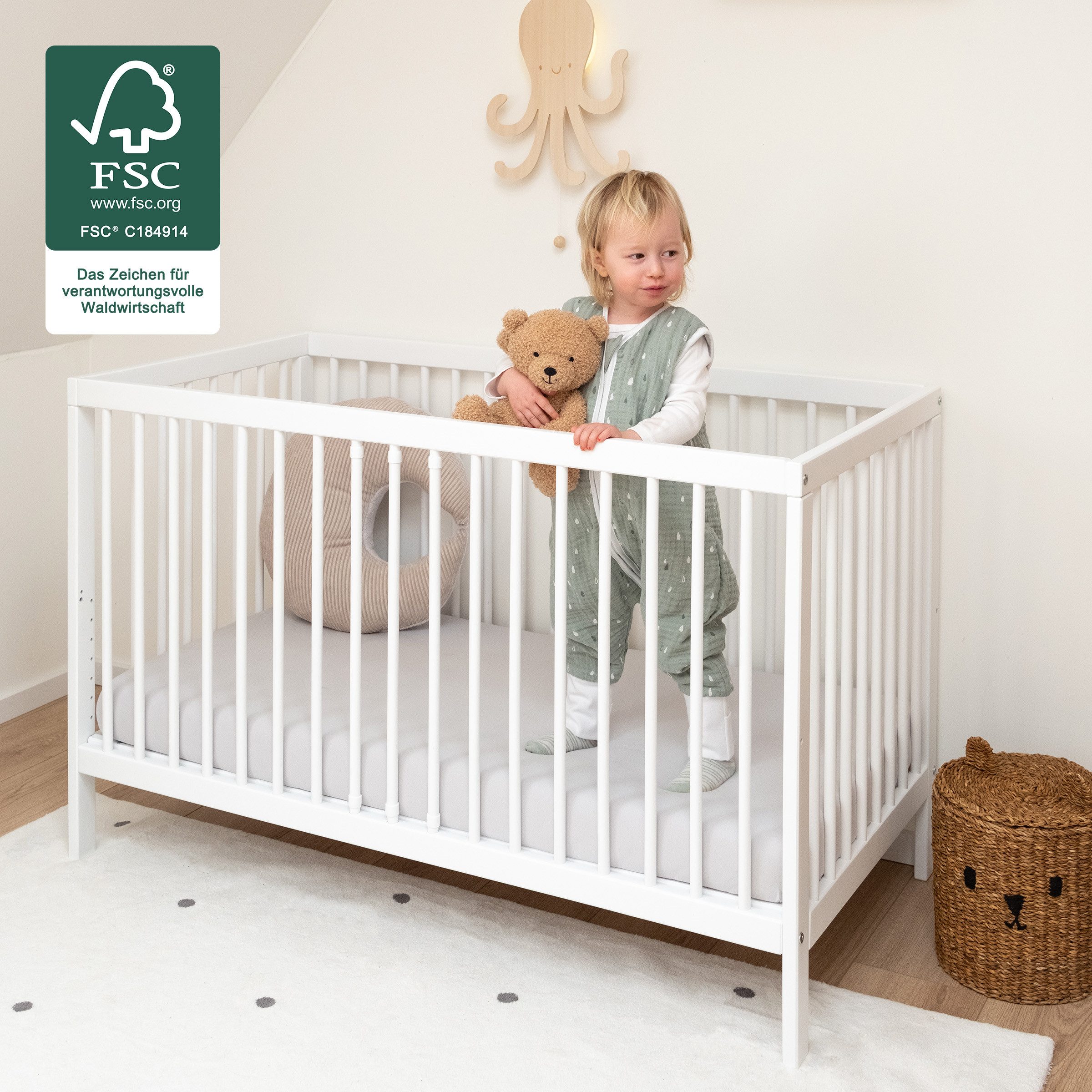 Ehrenkind Babybett PUR aus massivem Buchenholz, flexibel höhenverstellbar, Gitterbett, Kinderbett 9-Fach höhenverstellbar mit entnehmbaren Stangen Baby Bett