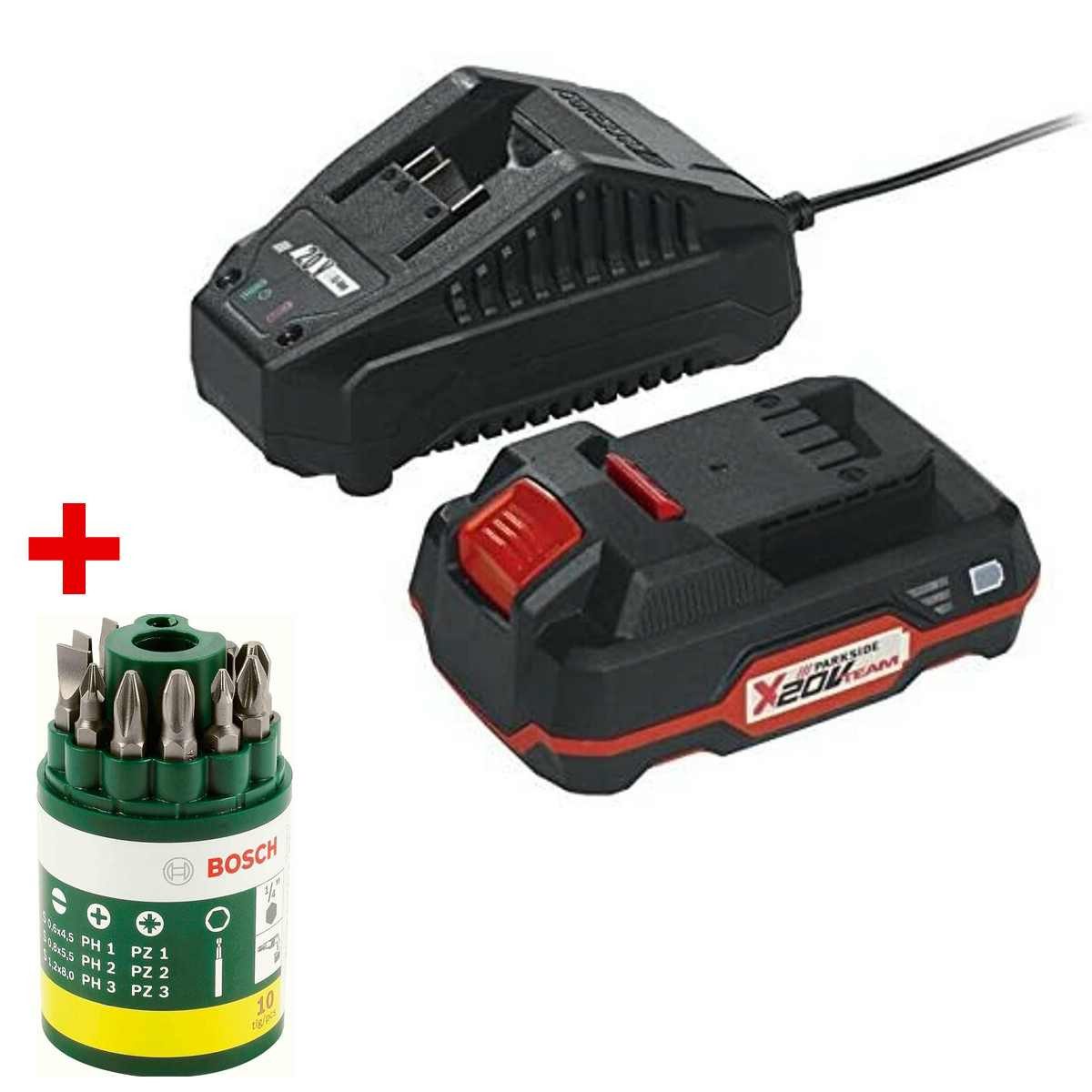 Parkside Parkside Akku 20 V 2.0 Ah PAP 20 + Bosch Bitset 10 Tlg. Akku Starter-Set