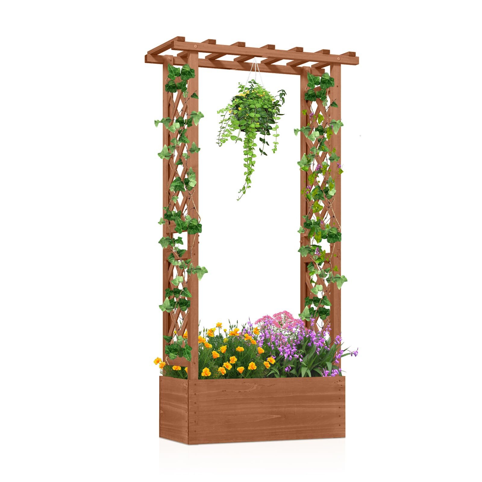 COSTWAY Hochbeet, mit Rankgitter, für Kletterpflanzen & hängende Körbe, 78x36x152 cm