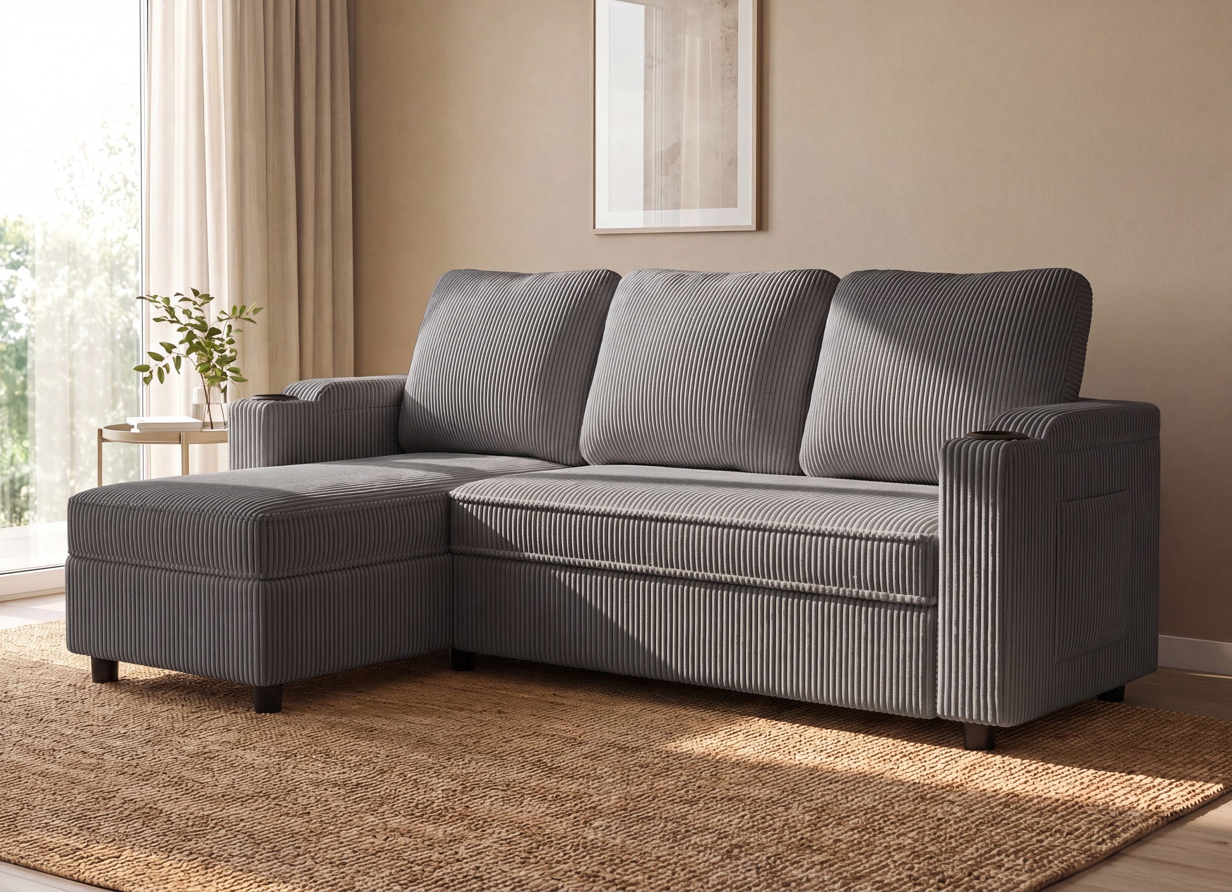 HOMALL Ecksofa Multifunktionales L-Form Schlafsofa, mit Stauraum, Gästebett-Funktion, wechselbarer Links-/Rechtsposition, Tassenhaltern & Seitentasche