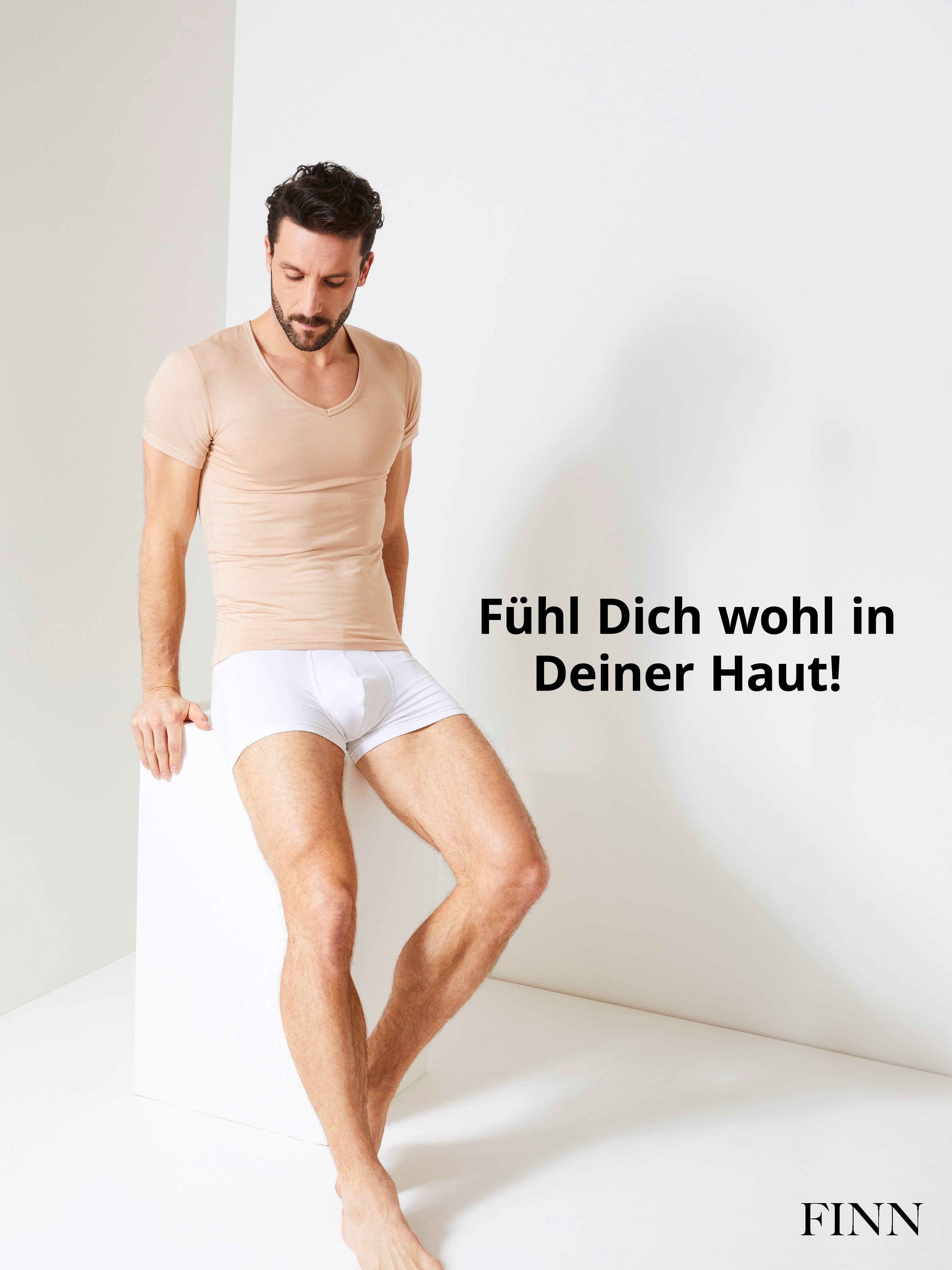 V-Ausschnitt Micro-Modal maximaler Design Unterhemd Kurzarm Business Stoff, Unterhemd Tragekomfort FINN feiner Light-Beige Herren